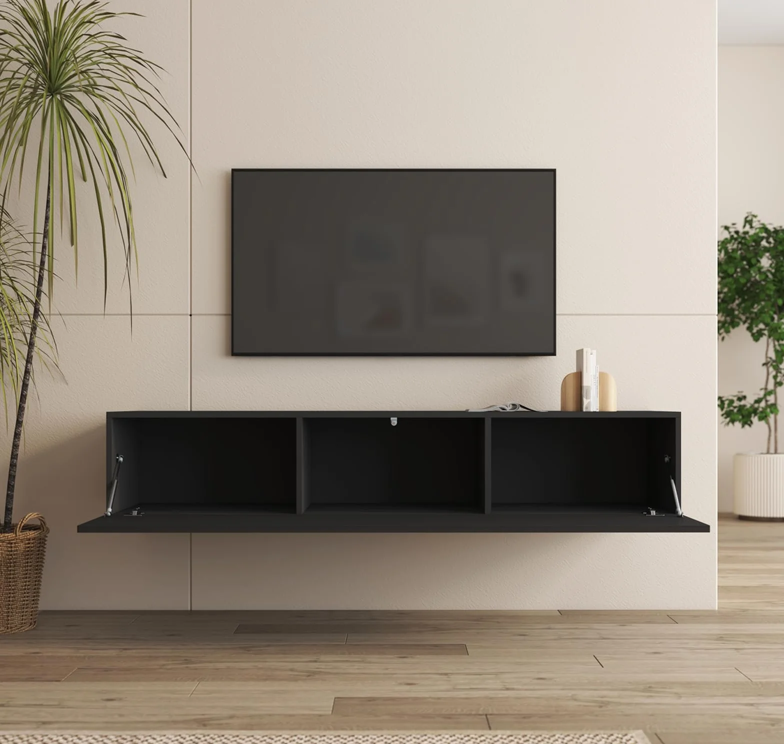 MB Muebles Bonitos, Mueble TV Colgante Nora H2 para Salón Moderno, 1 Puerta 3 Compartimentos, Color Negro, 160x30x40 cm