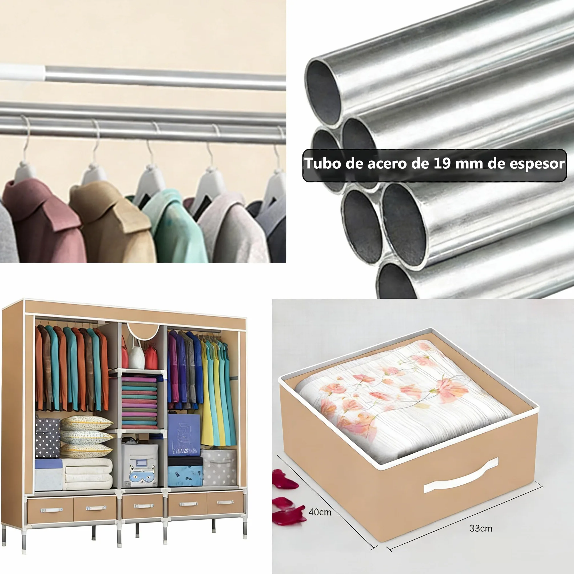 Armario de Tela Portátil, Organizador de Ropa con Barra para Colgar, 5 Cajones de Tela, Compartimentos para Zapatos, Plegable, 185x45x170CM, Marrón Claro