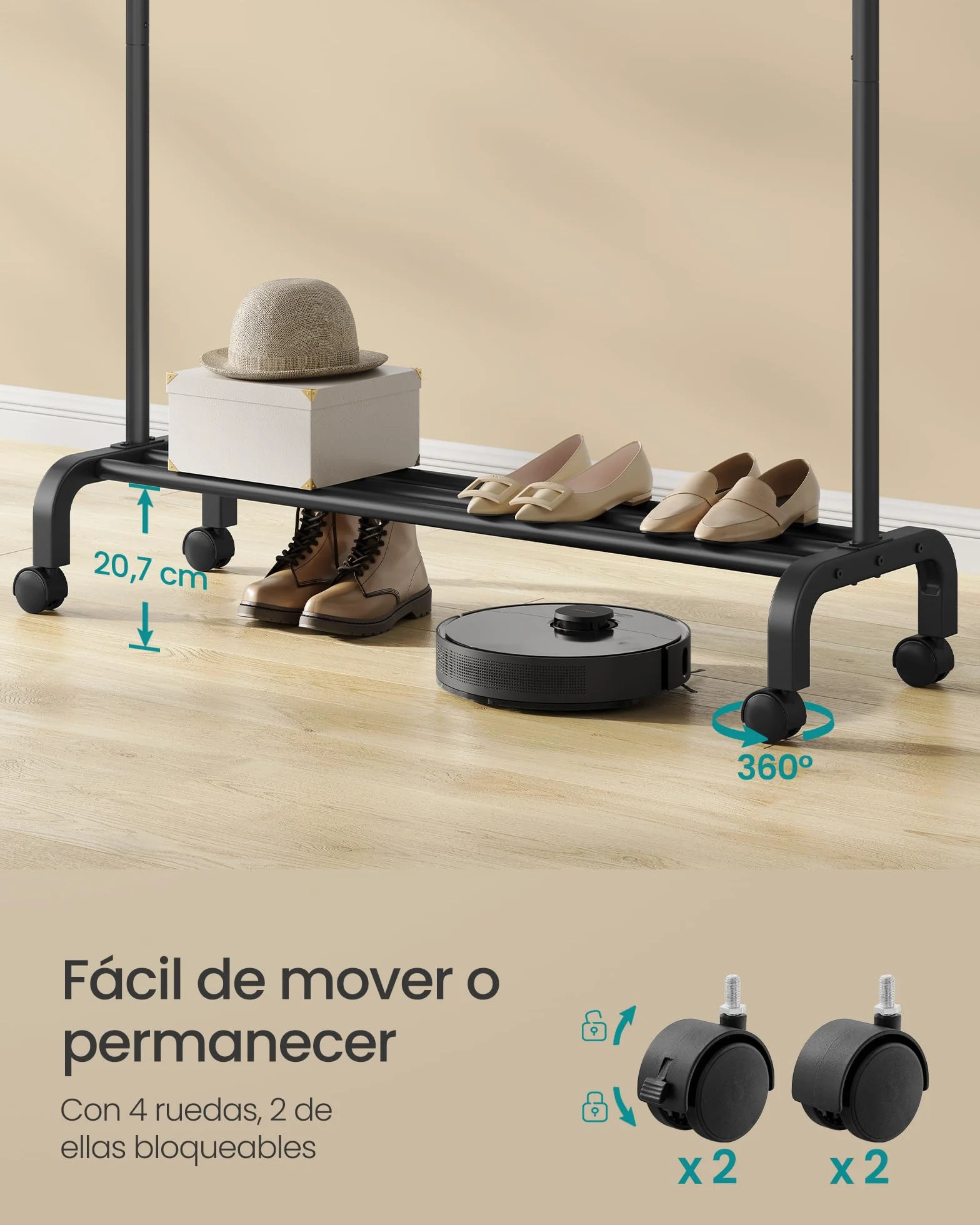 SONGMICS Perchero Burro con Ruedas, Barra, Tubo de Acero, 50 kg, 102 cm, Negro