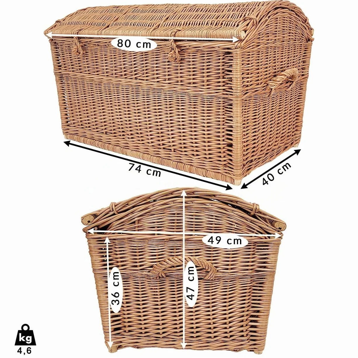 Baúl de mimbre XL pirata para juguetes, libros, lino, cesta hecha a mano y natural, 80 cm