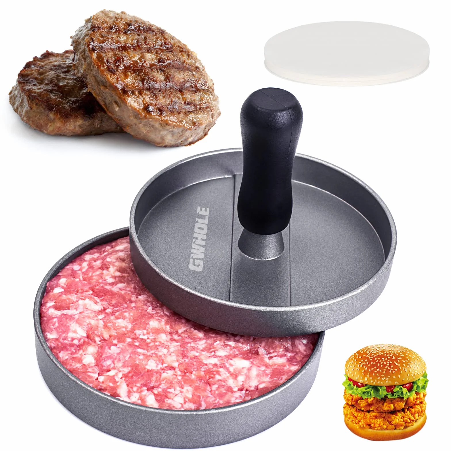 GWHOLE Prensa de Hamburguesa Antiadherente 11,5 cm con 100 Papeles