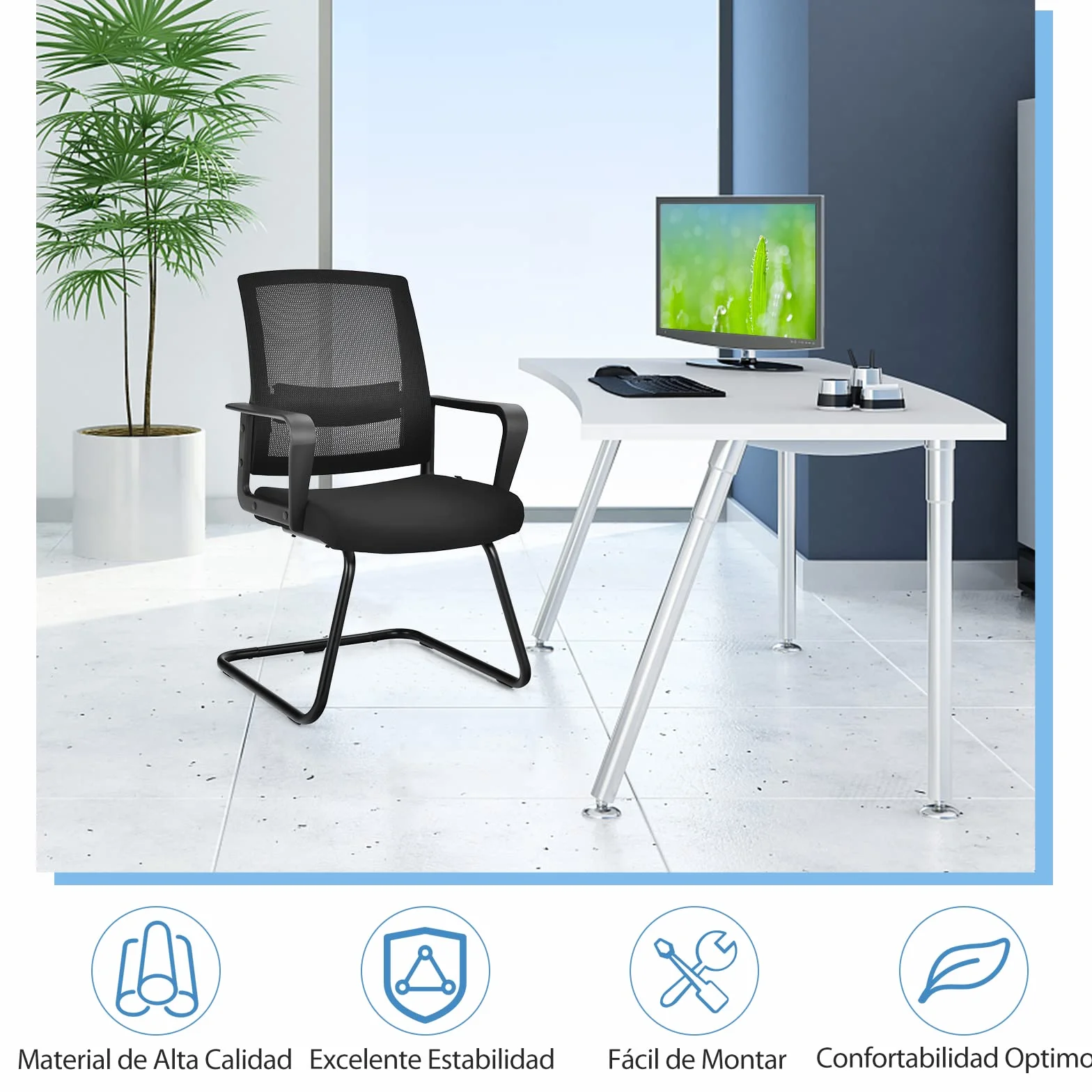 COSTWAY Silla de Conferencia, Silla de Reunión con Base Resistente Forma de Trineo, Sillas Cantilever Respaldo Ergonómico y Asiento Acolchado, Soporte Lumbar Regulable y Reposabrazos (estilo1, 1)