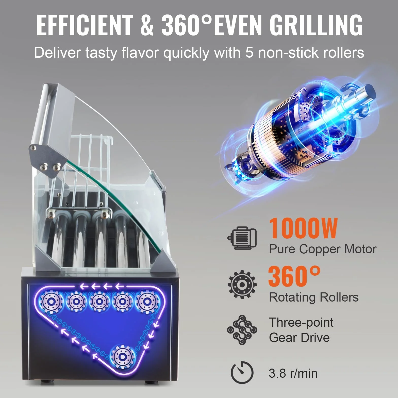 VEVOR Máquina de Rodillos para Perros Calientes de 56 x 25 x 41 cm con una Parrilla de Acero Inoxidable de Calidad Comercial, 50 °C-250 °C, 1000 W ±15%, para Puestos de Comida, Fiestas y Barbacoas