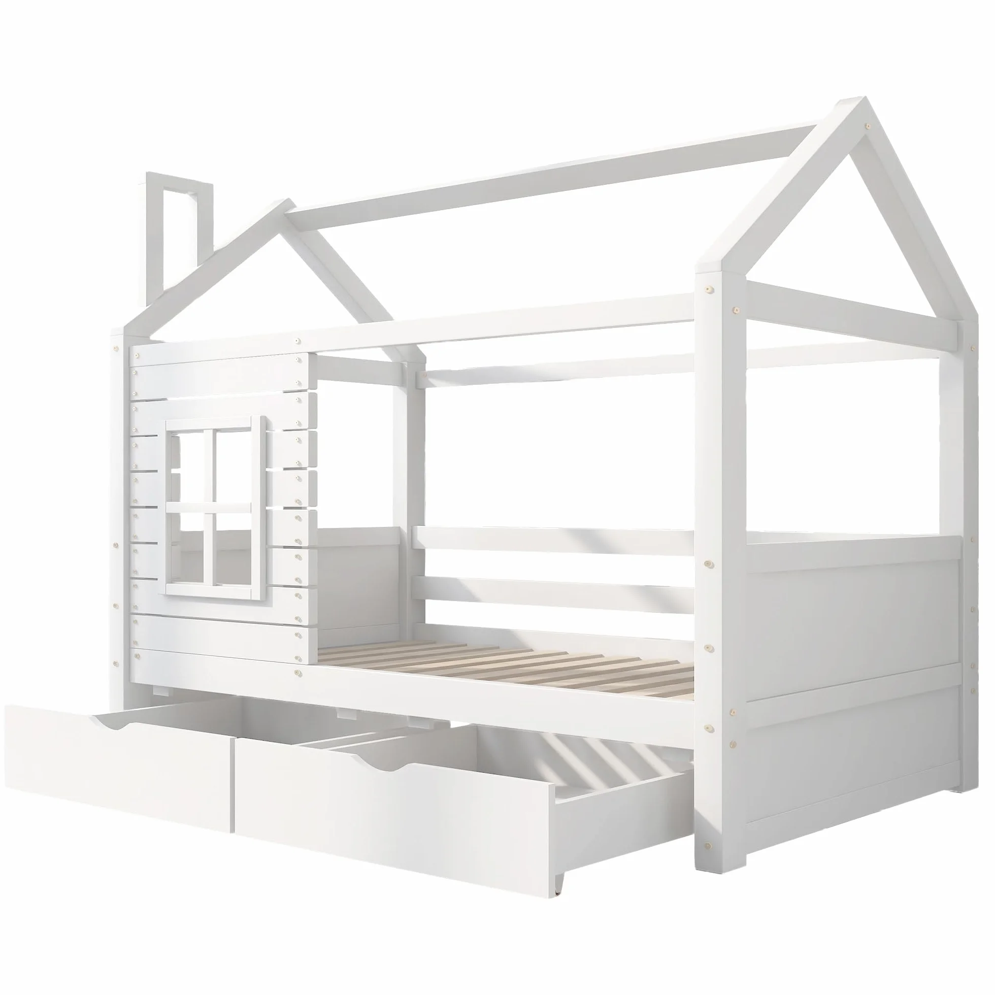 Cama infantil de 90 x 200 cm, con protección anticaídas, versátil, madera maciza, cama con ventana y somier, color blanco