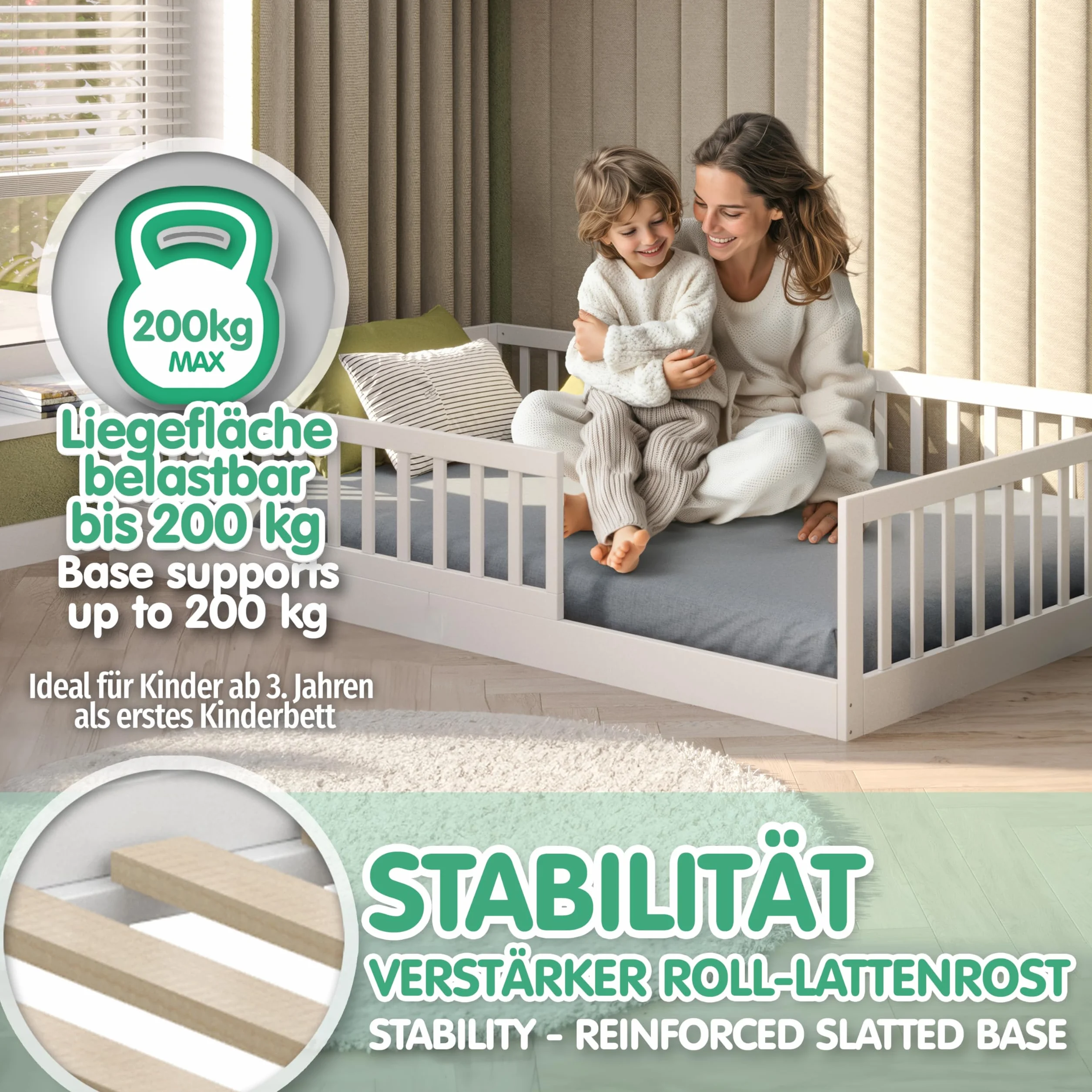 CADANI Timi 2en1 Cama Infantil al RAS del Suelo 120x200 cm Montessori con Barrera anticaída Desmontable, Incluye somier, Pino Macizo, Blanco - 3 Variantes de Montaje, hasta 200 kg, Convertible