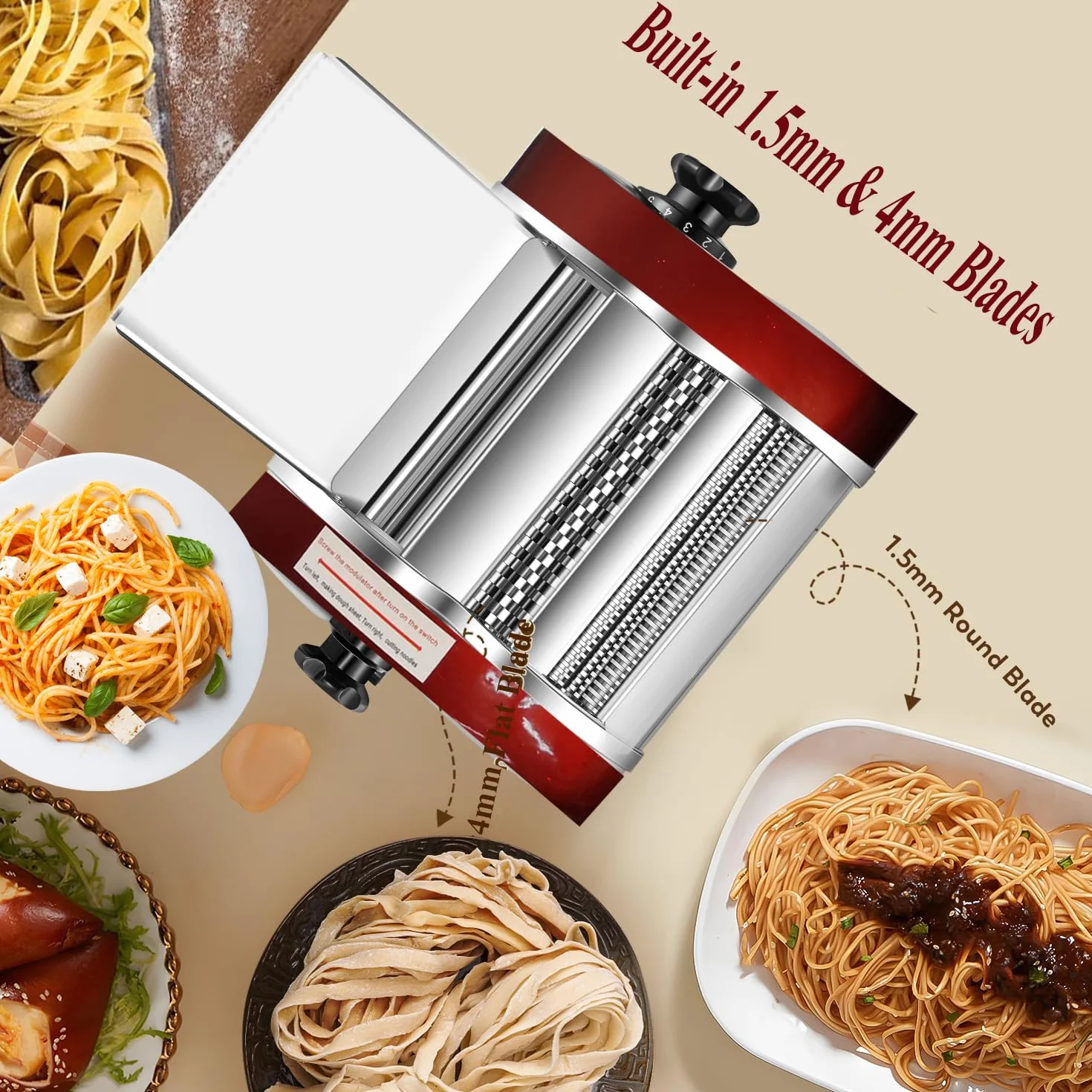 Máquinas Eléctricas Para Pasta - Fabricante de Fideos con Rodillo y Doble Cuchilla de Acero Inoxidable - 1.5mm (Redondo) y 4mm (Plano) - Para Uso Doméstico y Comercial