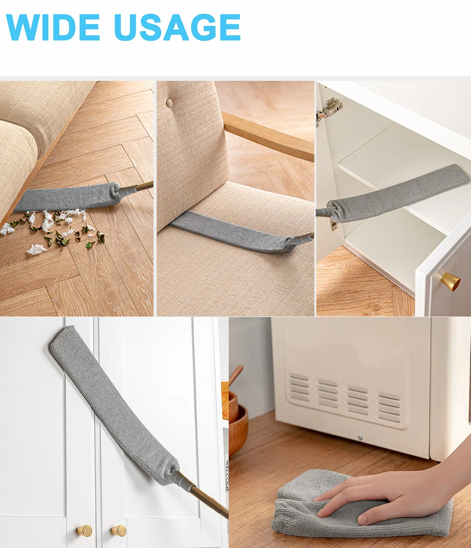 Aparatos de Limpieza mejorados para Debajo de electrodomésticos, Plumero de Microfibra con Poste Extensible de 66 a 140 cm, Adecuado para la Limpieza Debajo de Muebles, neveras, sofá, Estufa, Cama