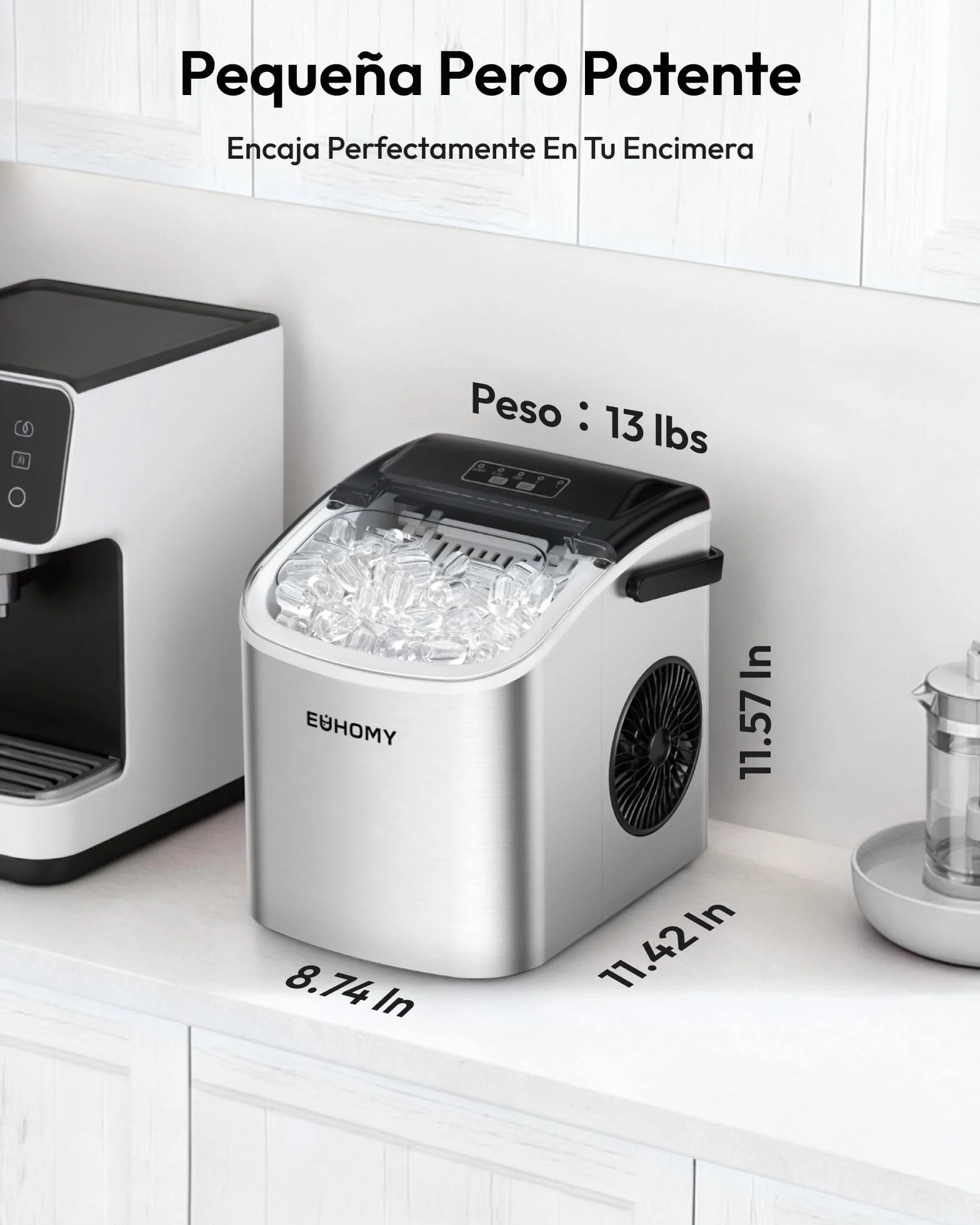 EUHOMY Máquina de Hielo 12Kg/24H, 9 Cubos en 6 Minutos, Maquina de Hacer Hielo Autolimpiable, 2 Tamaños de Hielo, con aAsa, Pala para Hielo y Cesta, Sirva Para Casa/Cocina/Oficina/Bar Plateada