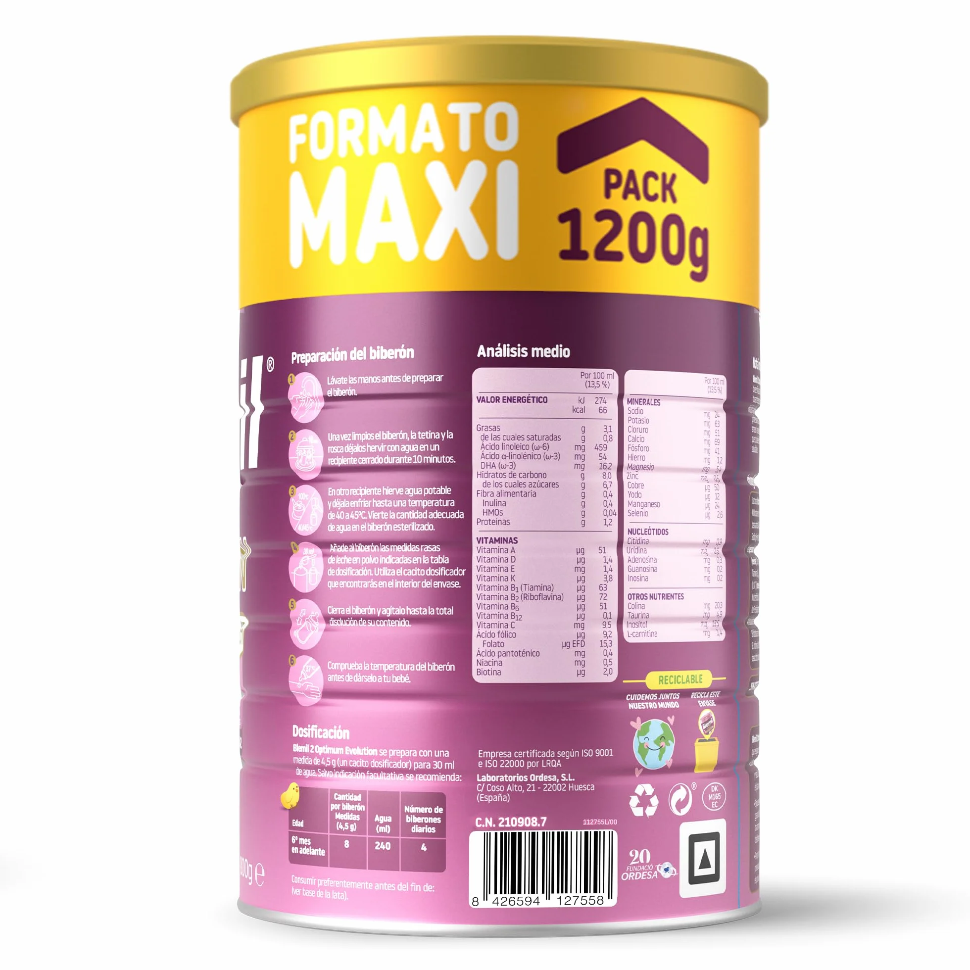 Blemil 2 Optimum Evolution 1200g Leche de Continuación en Polvo para Bebé Desde 6 Meses