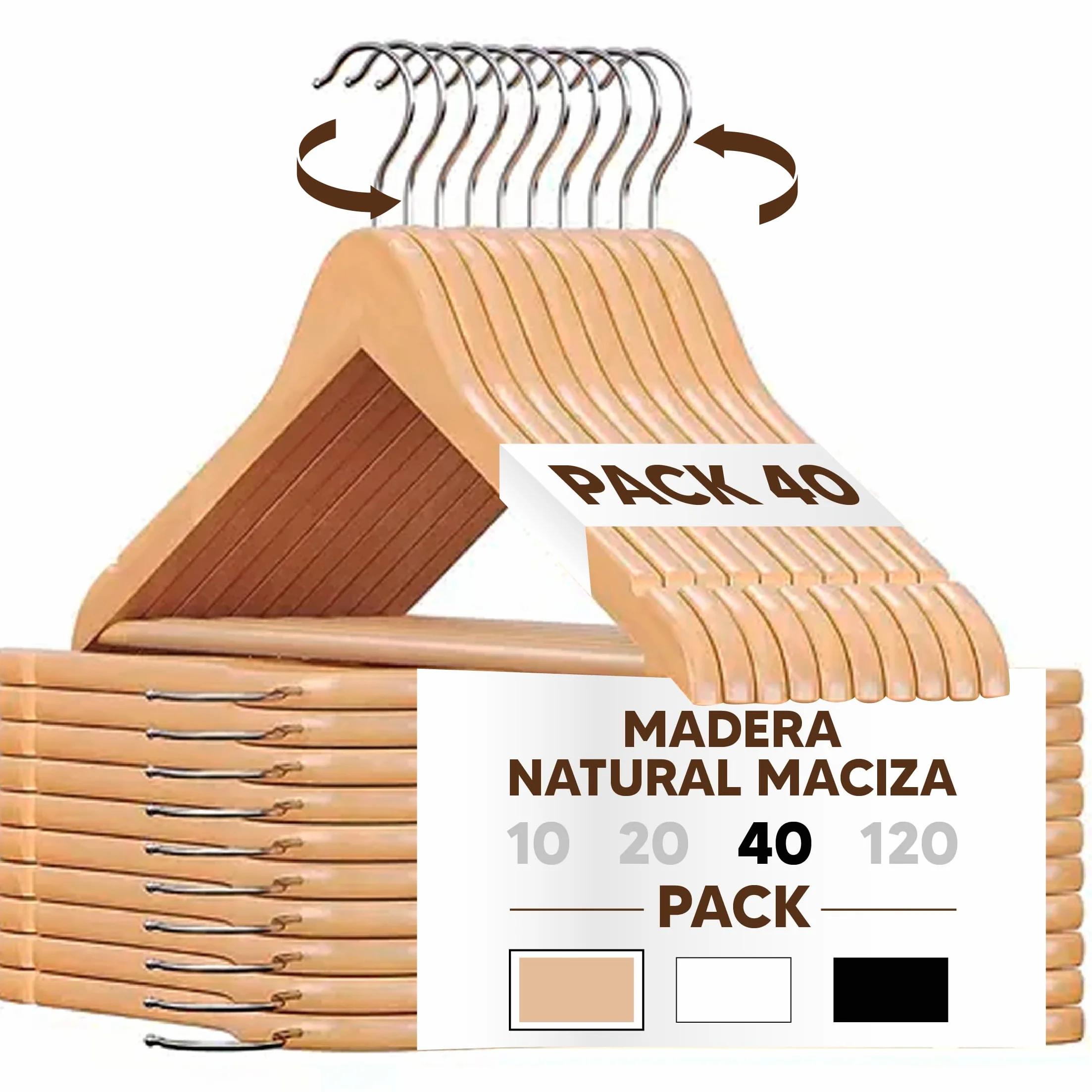 40X Perchas Madera Natural Maciza para Ropa - Perchas de Madera con Gancho Giratorio 360º - Perchas para Pantalones, Camisa, Traje, Vestidos - Colgadores de Ropa Antideslizante para Hogar