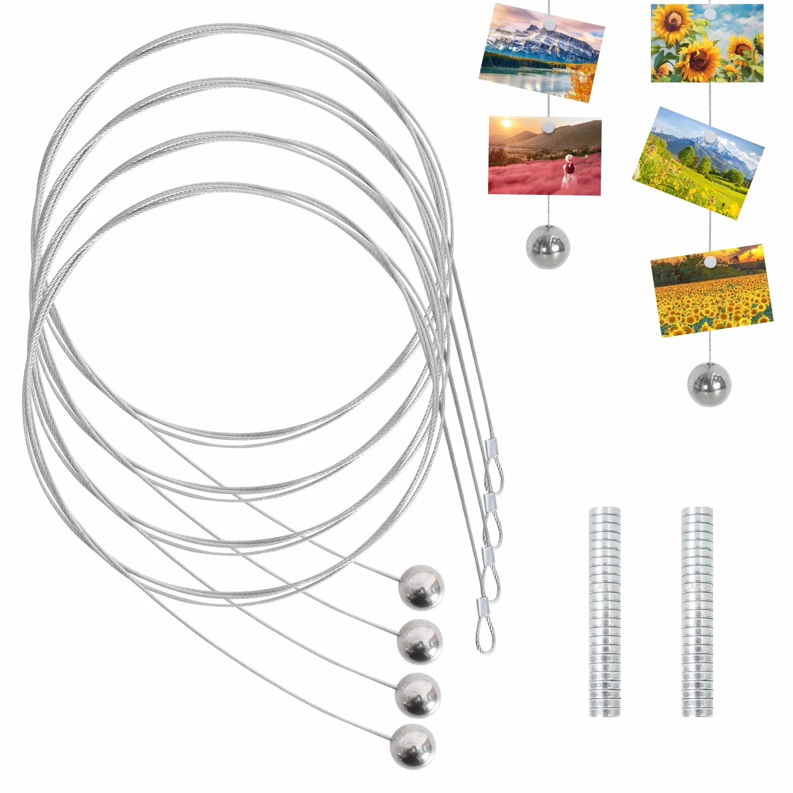 Cuerda Para Colgar Fotos 4 Piezas Cable Para Colgar Foto Con 48 Imanes, 2m*1.5mm Cable Acero Colgar Fotos Cable Acero Colgar Fotos De Expositor Cable De Acero Inoxidable Para Fotos Alambre Fotográfico
