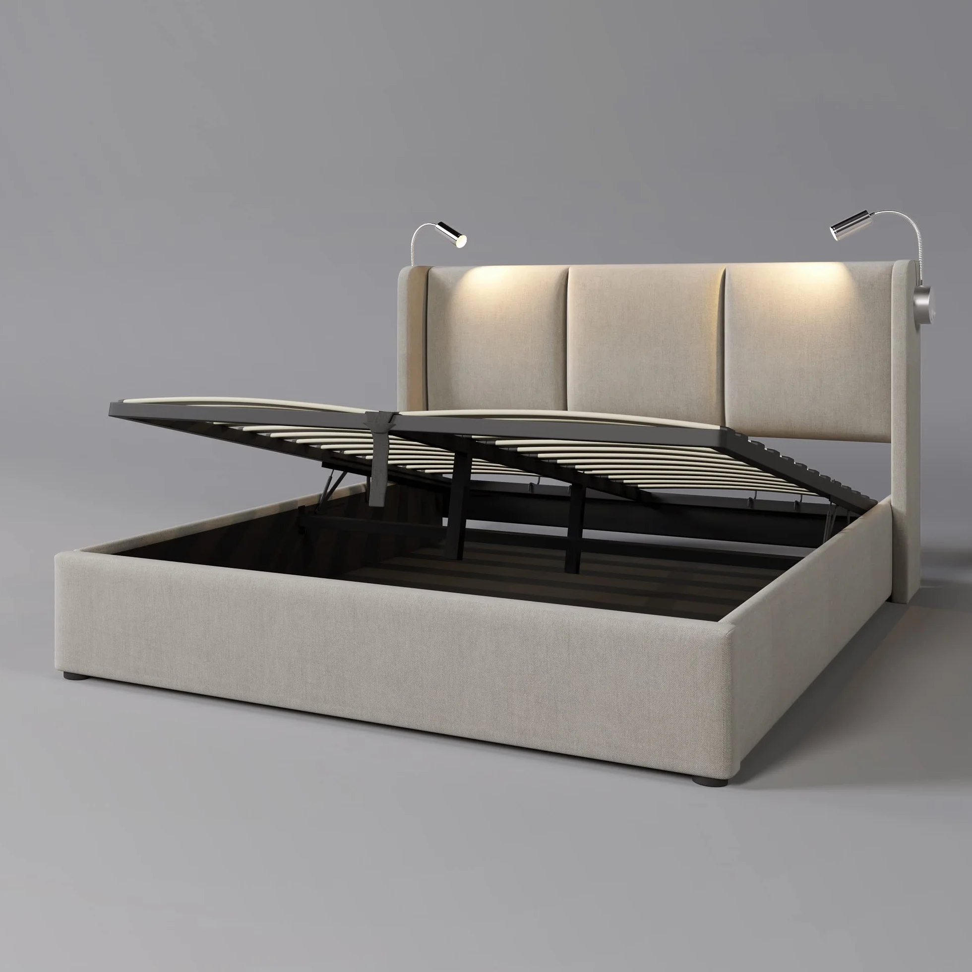 KAZZIO Cama tapizada para cama de matrimonio con espacio de almacenamiento, luz de lectura con función de carga USB, cabecero, estructura de cama de poliuretano, con somier (sin colchón) (beige, 140 x
