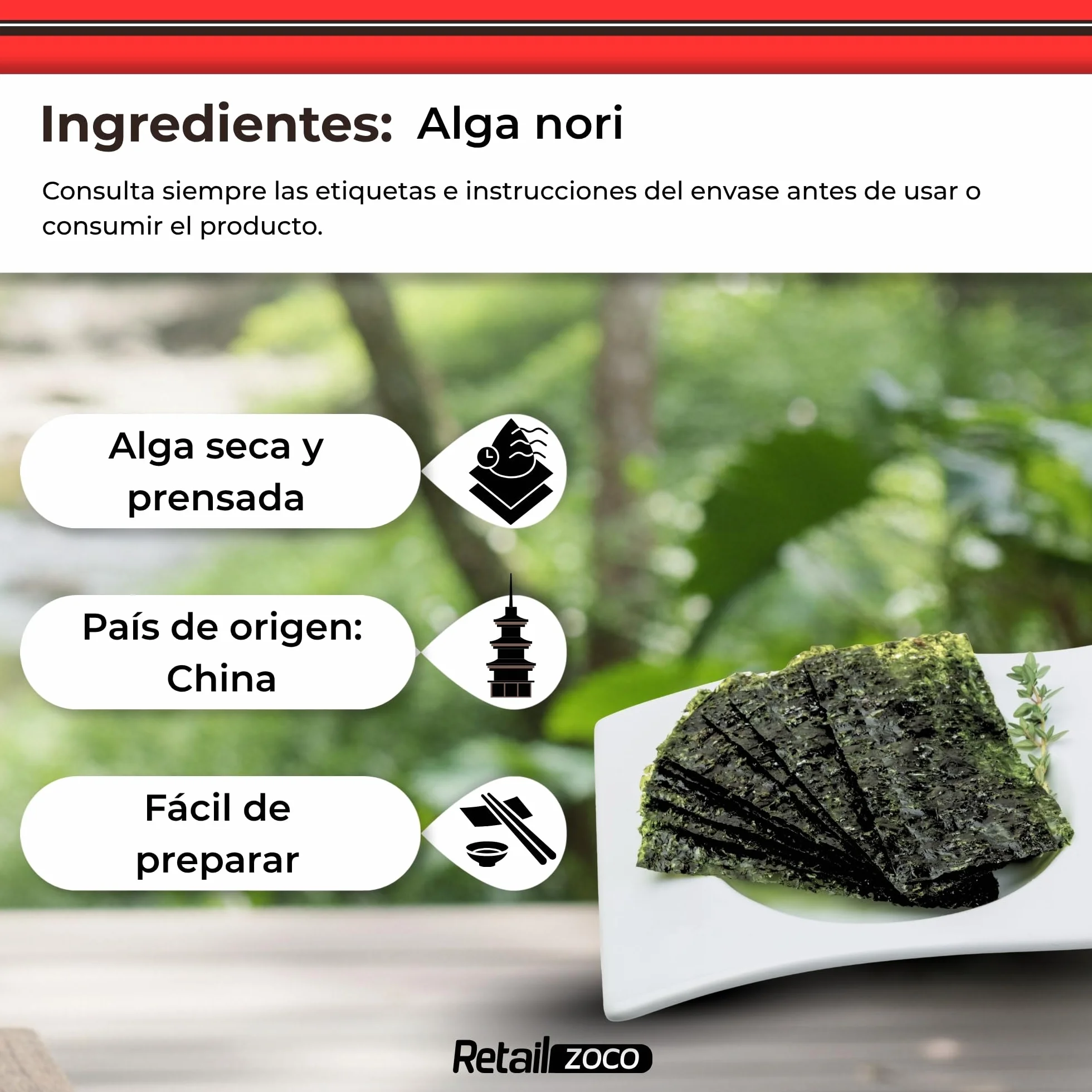 Alga Nori Yakinori 100 hojas 280 grs 21 x 20 cm para sushi makis nigiri temaki