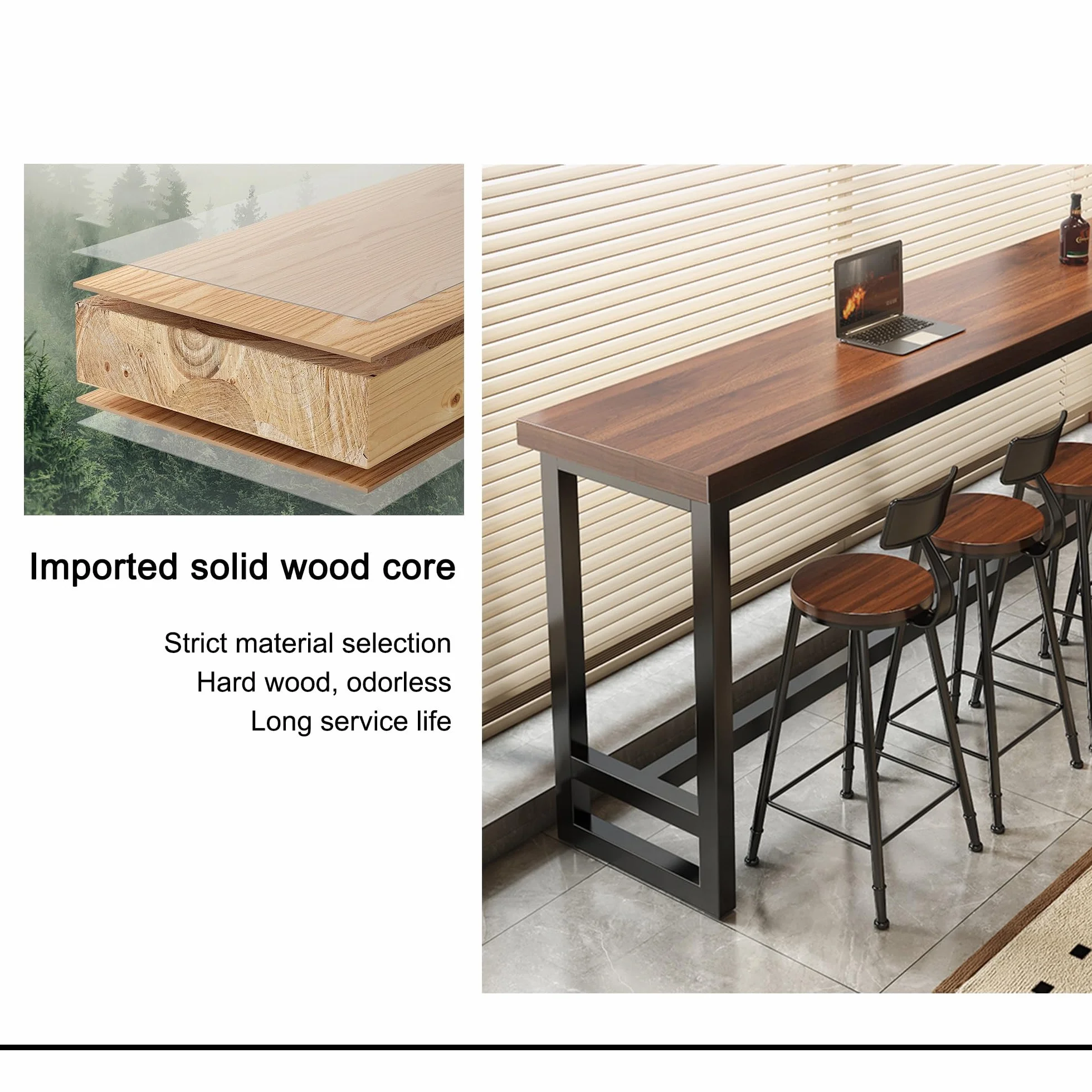 Mesa Alta Bar Rectangular Mesa Auxiliar Cocina Estrecha con Estructura de Metal para Cocina Cafetería Comedor Sala de Estar(Walnut,160x40x105cm)
