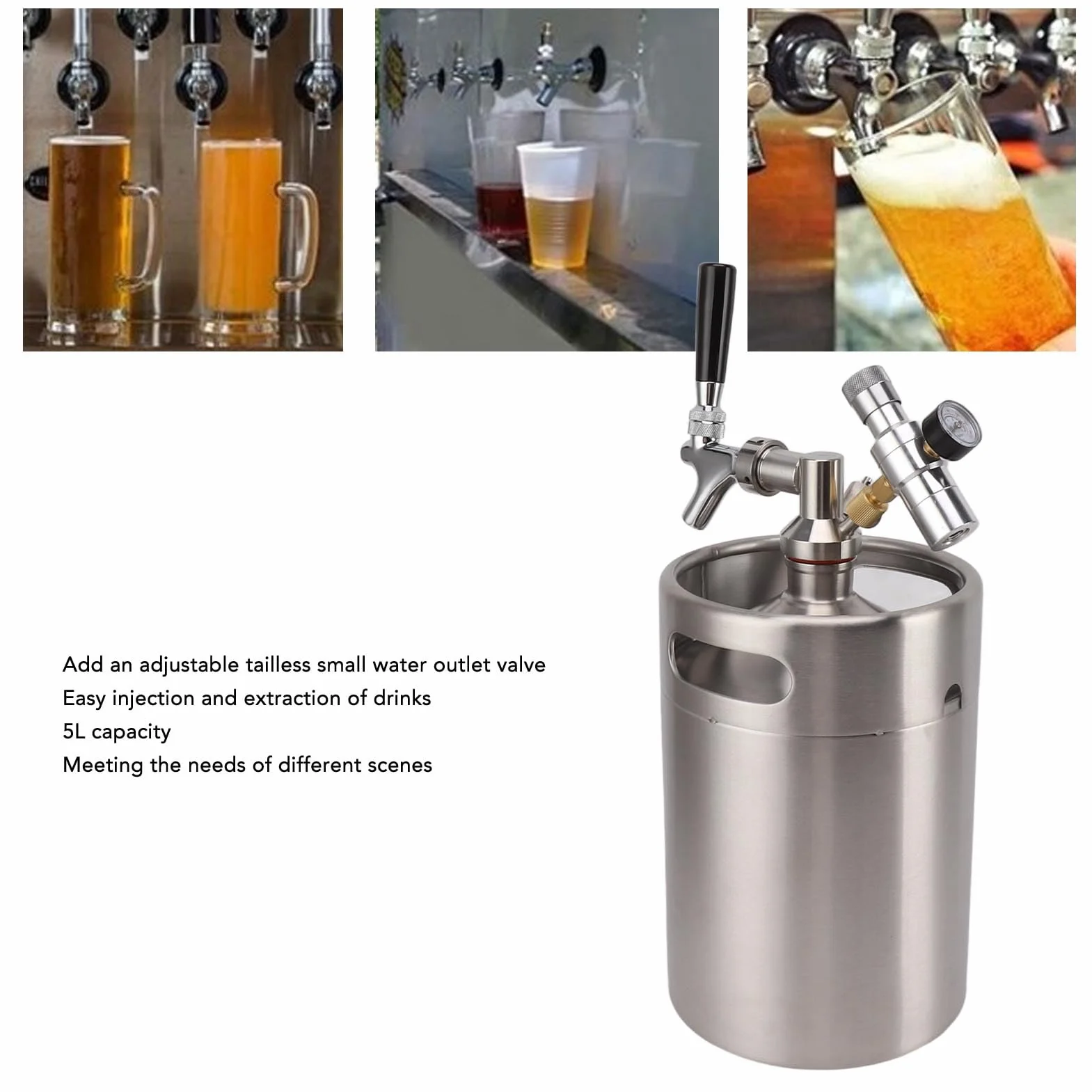 Barril de Cerveza de Acero Inoxidable 5L Barril de vino Presión de con Grifo Ajustable y Manómetro de 150PSI con Dispensador Automático Cerveza para Elaboración Casera para Caja Plana de Segundo Nivel