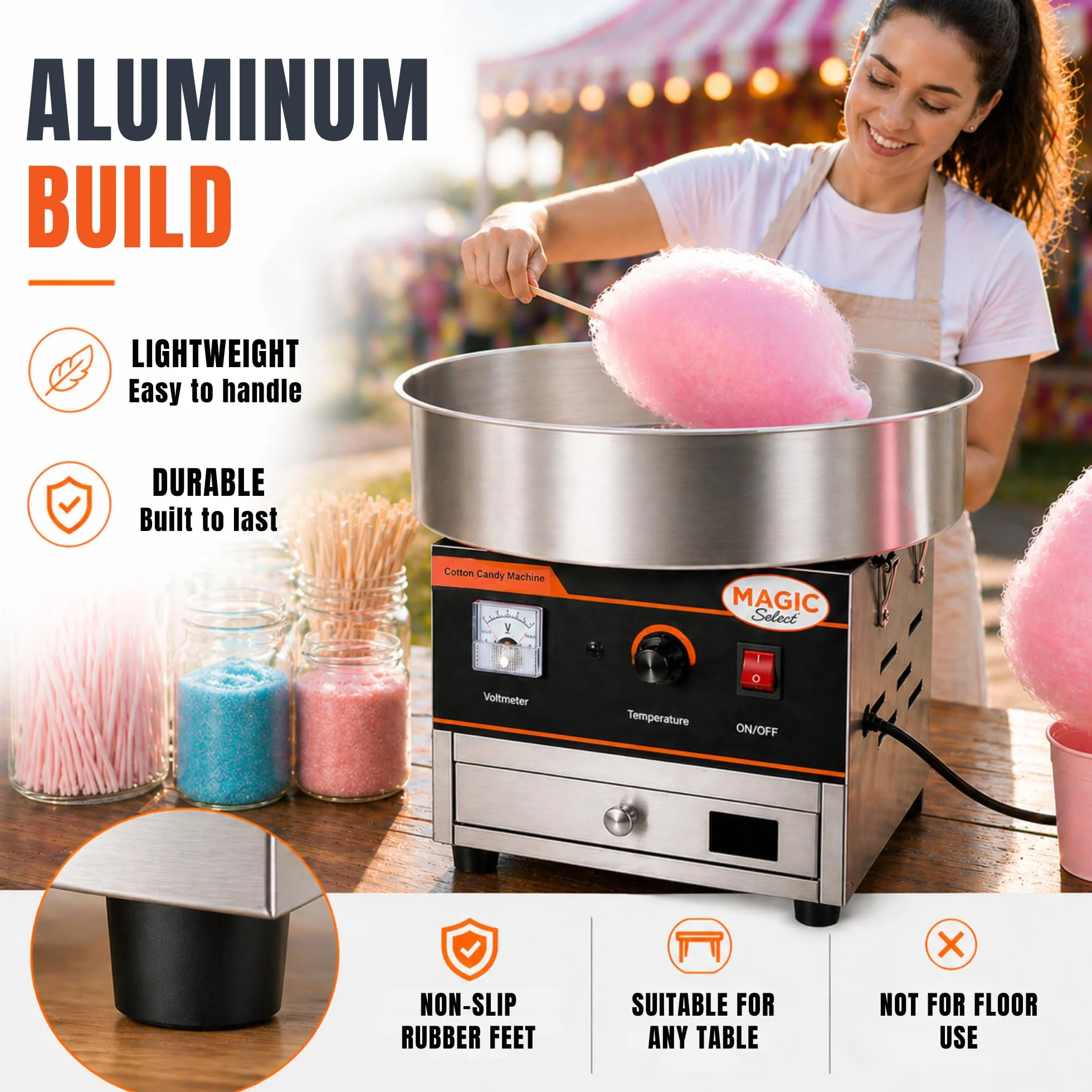 Máquina de Algodón de Azúcar Profesional 900W, Acero Inoxidable con Control de Temperatura, Calentamiento Rápido 2-3 Min, Incluye Paleta Dosificadora, para Eventos y Ferias. (52x52x43 cm)