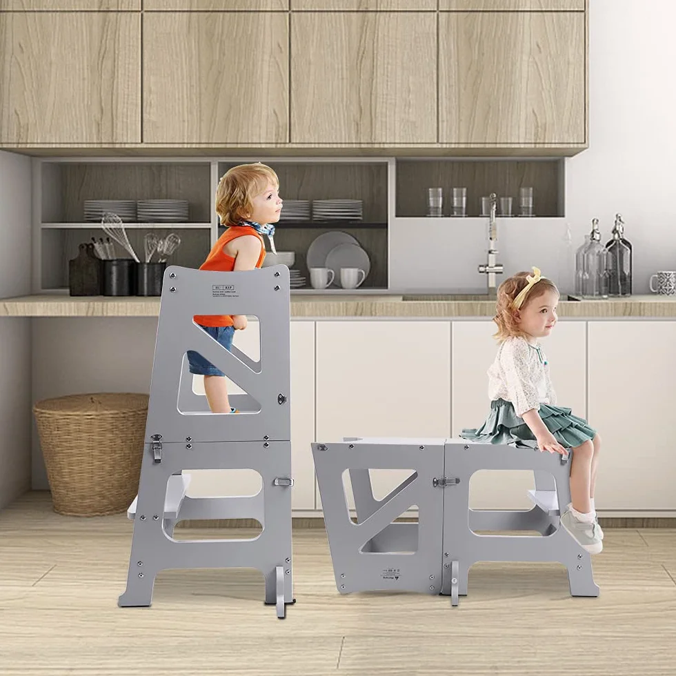 YOLEO Torre Aprendizaje Transformer Montessori Plegable con Pizarra Magnética Gris Madera