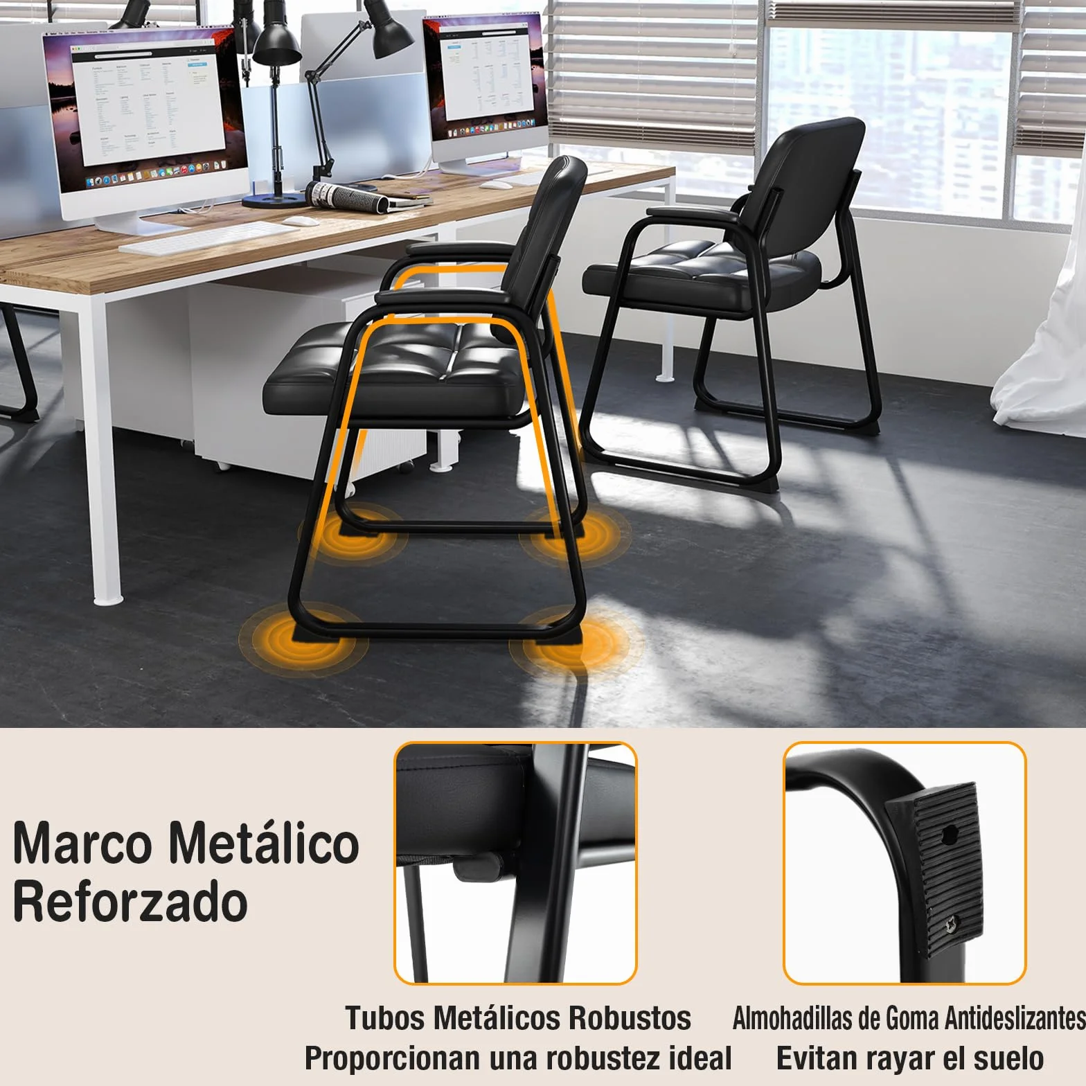 COSTWAY 2 Sillas Sala de Espera, Reposabrazos Acolchados, PU, Estructura de Metal, Sillas Confidente sin Ruedas, Silla Oficina, Carga 150kg, Negro