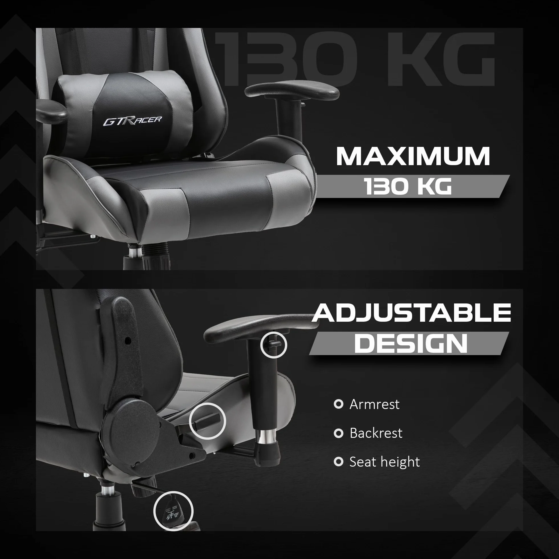 GTRACER Pro Gaming - Silla de oficina ergonómica con reposabrazos ajustables, piel sintética, incluye cojín lumbar y almohada (negro y gris)