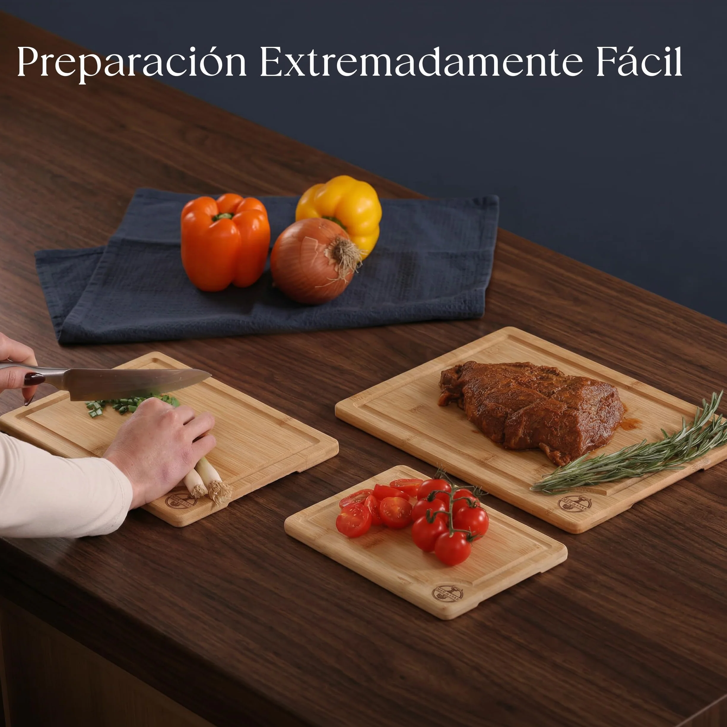 Deer & Oak Set de 3 Tablas de Cortar Bambú con Asas y Ranuras 33x24 28x20 22x15 cm Pre-aceitadas Ecológicas
