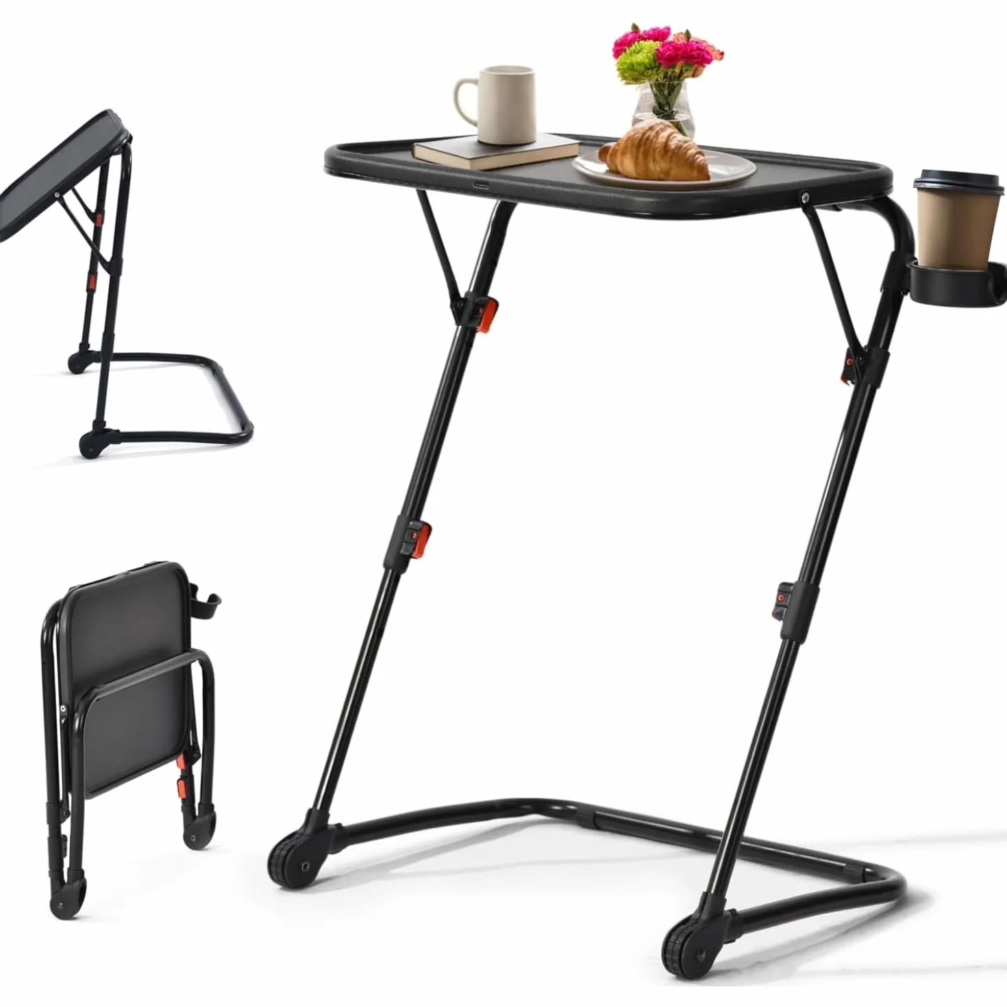 Mesa de TV Ajustable con 4 Alturas y 3 Ángulos de Inclinación, Bandejas de Cena, Portavasos, Negro