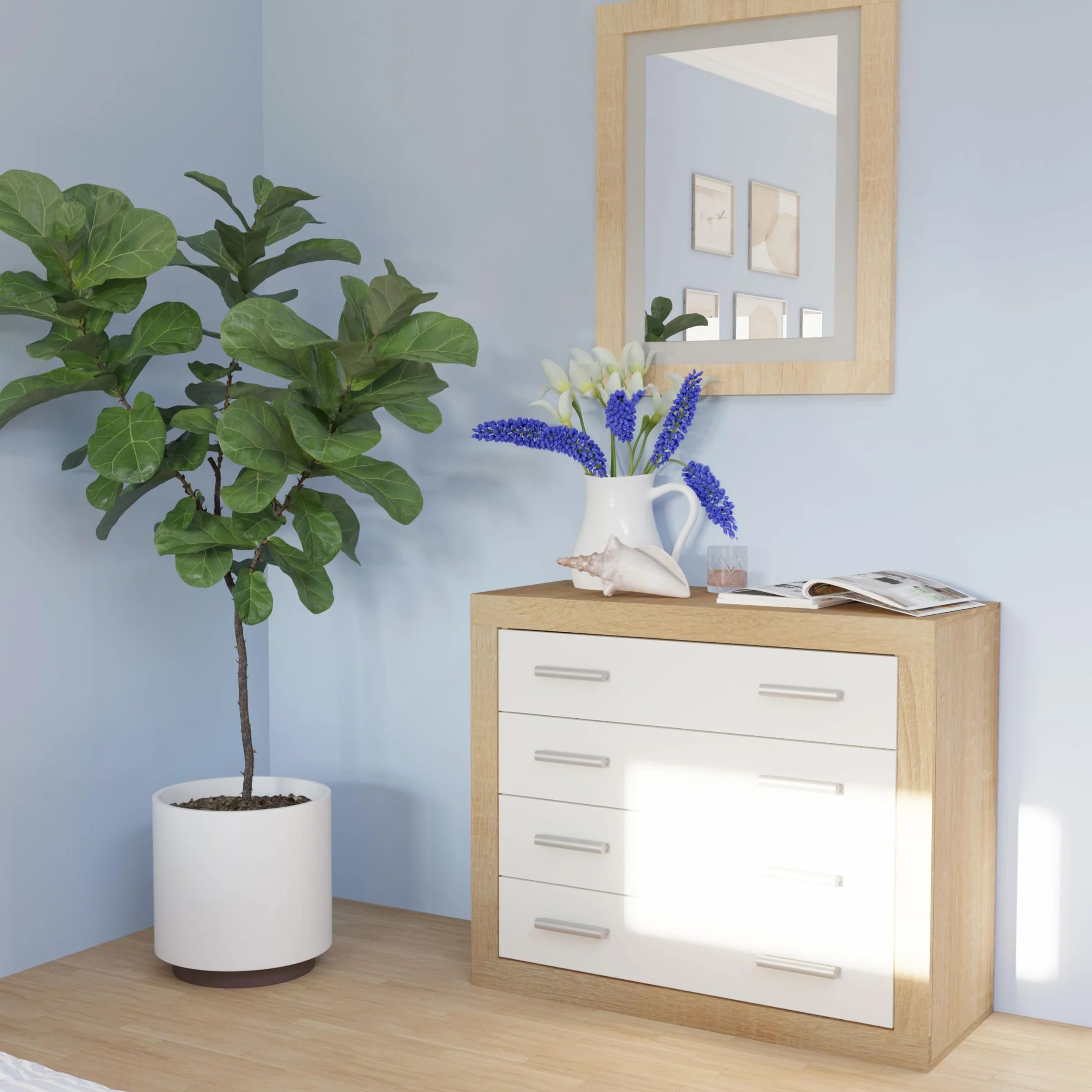 duehome | Conjunto de Dormitorio Kira 4c - Cabecero + 2 Mesitas de Noche + Comoda y Espejo, Acabado en Cambria y Blanco