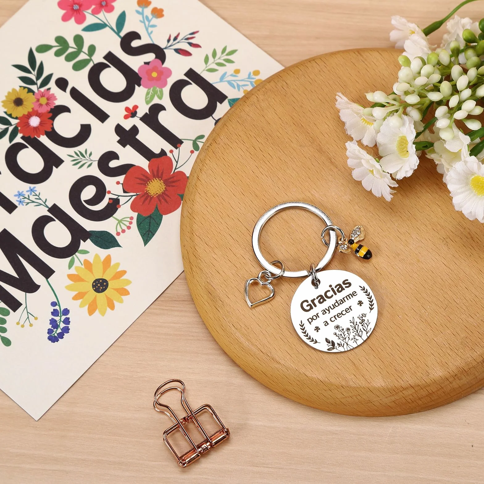 Echehi Regalo Maestra Infantil Set 6 Piezas con Tote Bag Cuaderno A5 Llavero Bolígrafo Tarjeta Caja Original