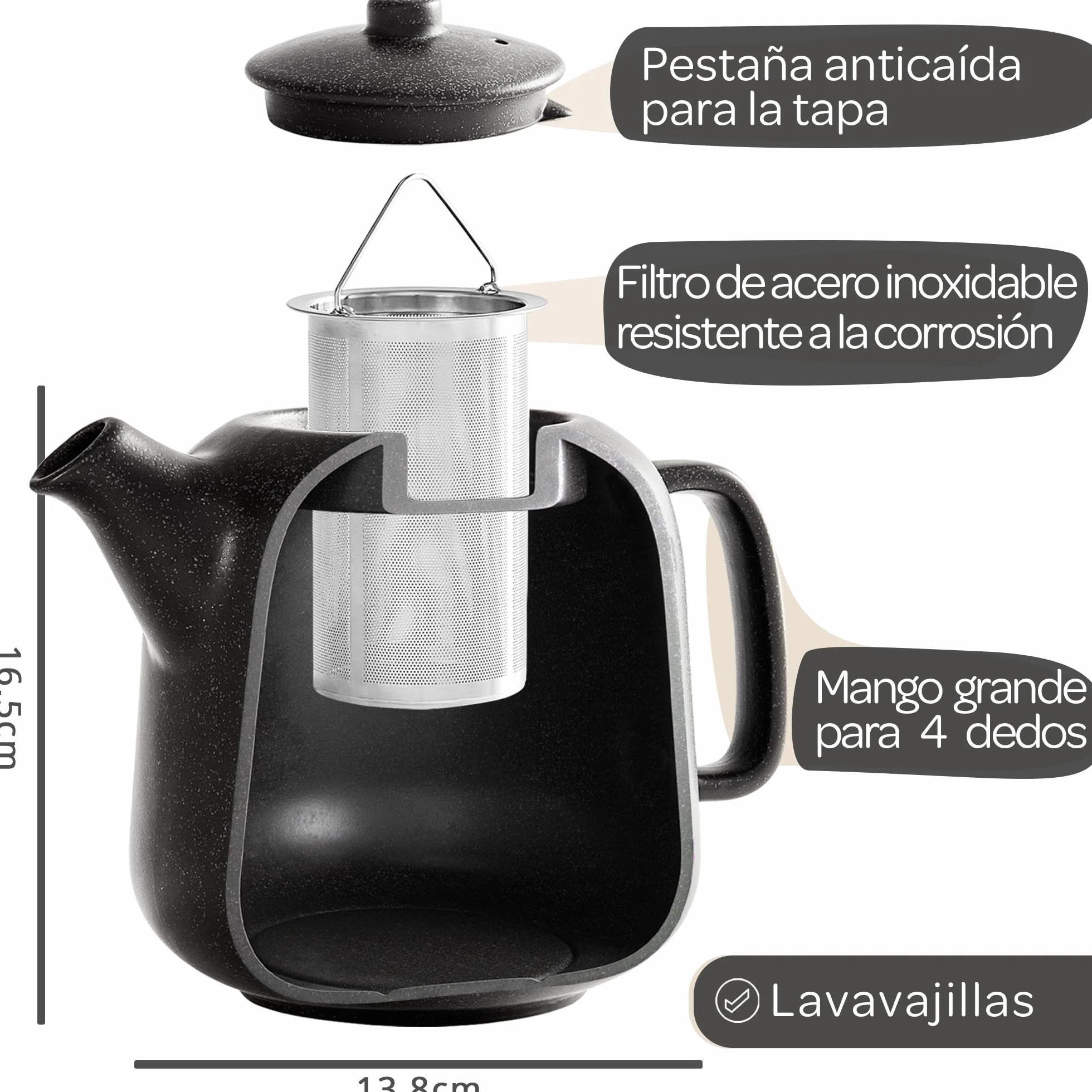 STEINZEIT Tetera de cerámica negra 1,3 L con colador de acero inoxidable 304