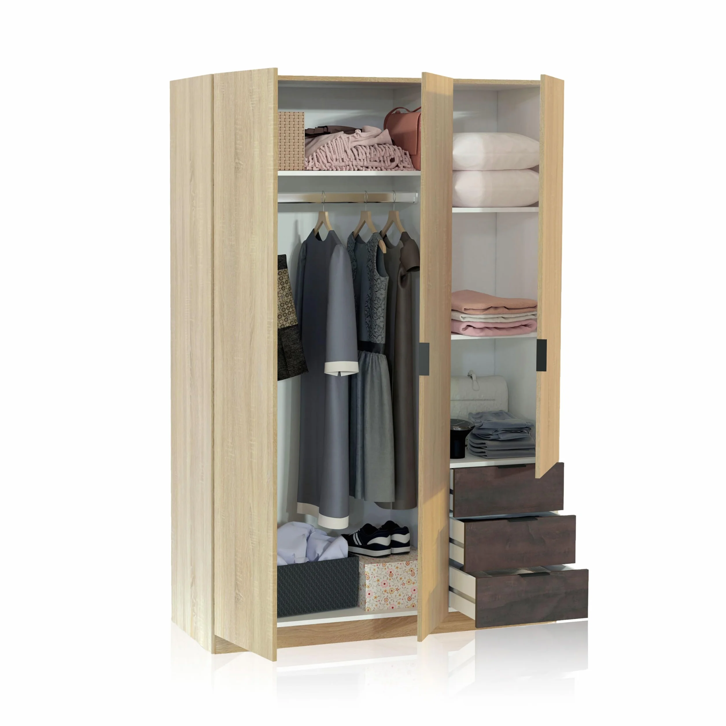 duehome | Armario de 3 Puertas y 3 Cajones, Armario para Dormitorio, Modelo Hexa, Acabado en Roble Canadian y Oxido, Medidas: 121 cm (Largo) x 180 cm (Alto) x 52 cm (Fondo)
