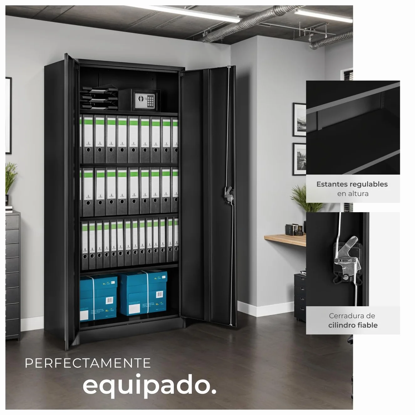 Armario Archivador Oficina Acero 180x80x40 cm Negro con Cerradura 4 Estantes Ajustables