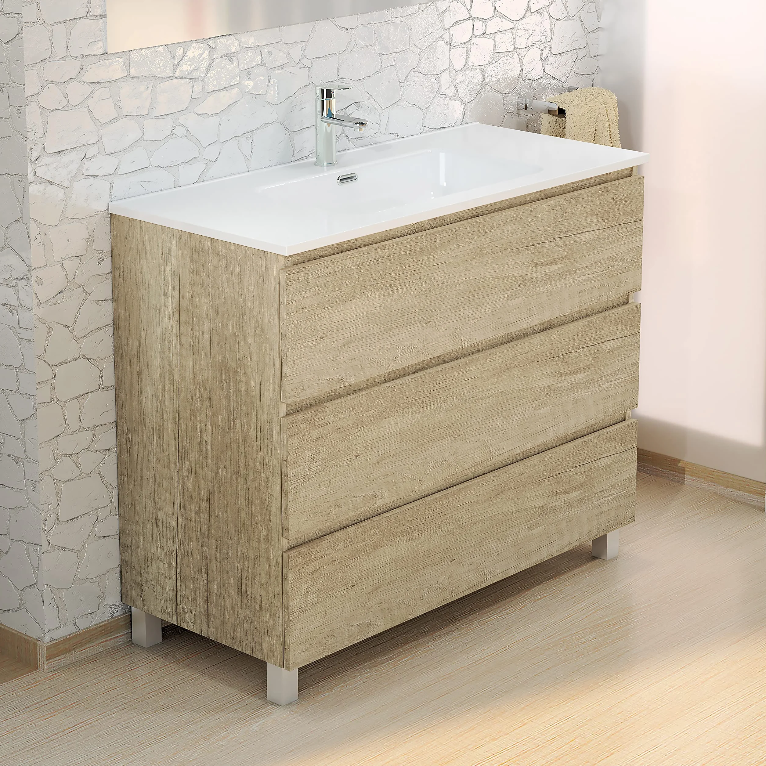 Baikal Mueble de Baño TRIX, Distribución de 3 cajones, con Patas y con Lavabo cerámico. Melamina 16mm. Distintas Medidas y Acabados Disponibles. Mueble MONTADO