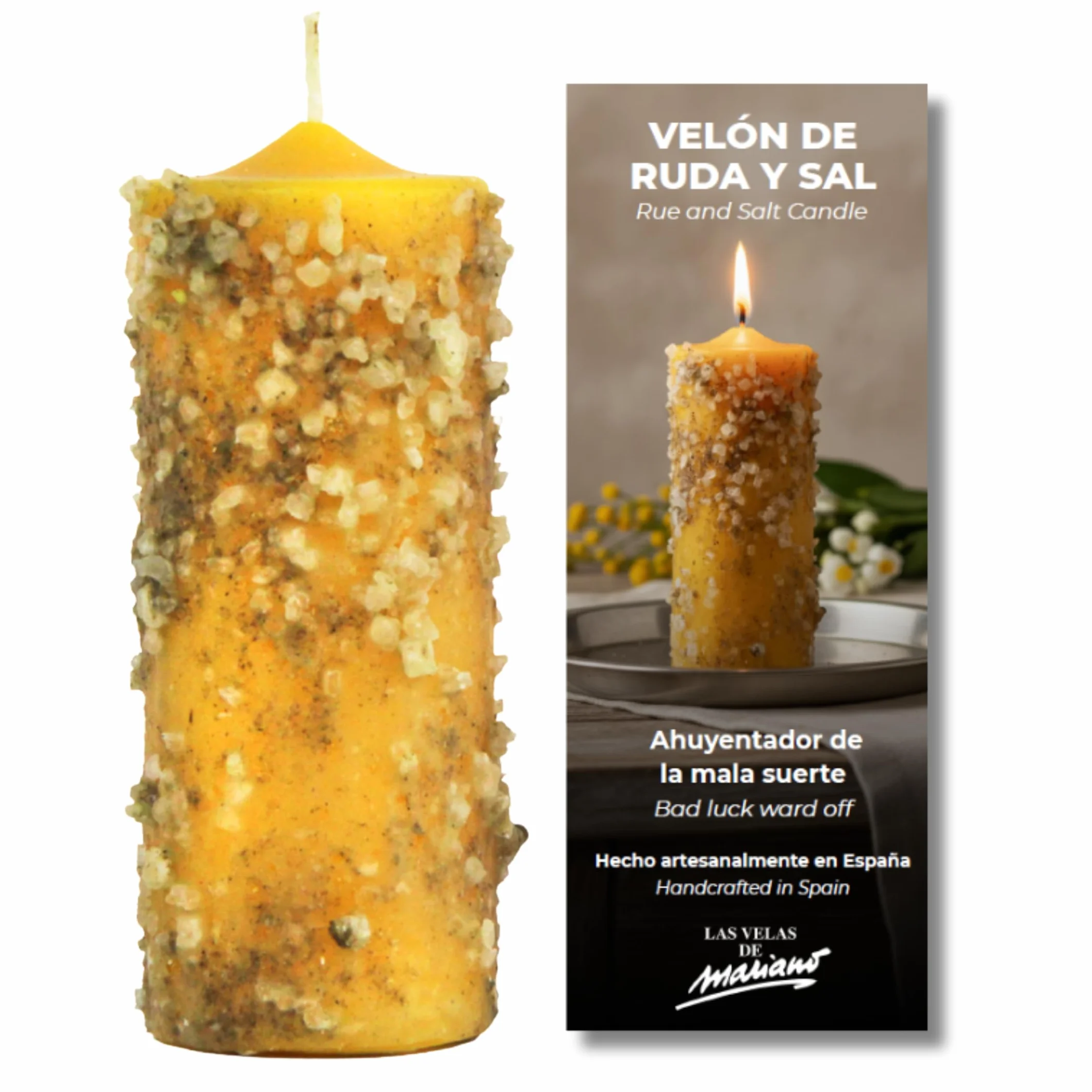 Velón Herbóreo Ruda y Sal – Vela Amarilla con Hierbas Naturales para Limpieza y Protección Energética | Ritual Esotérico con Ruda y Sal | Incluye Oración e Instrucciones