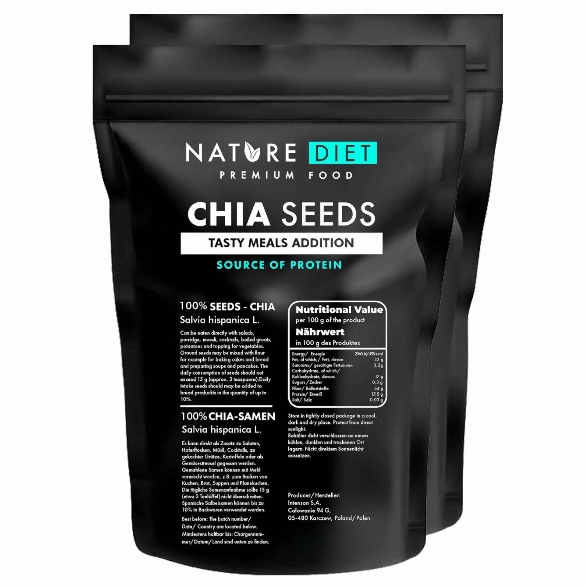 Semillas de chía Nature Diet 2x 1000 g Salvia Hispanica Alto en Omega-3 Fuente de fibra