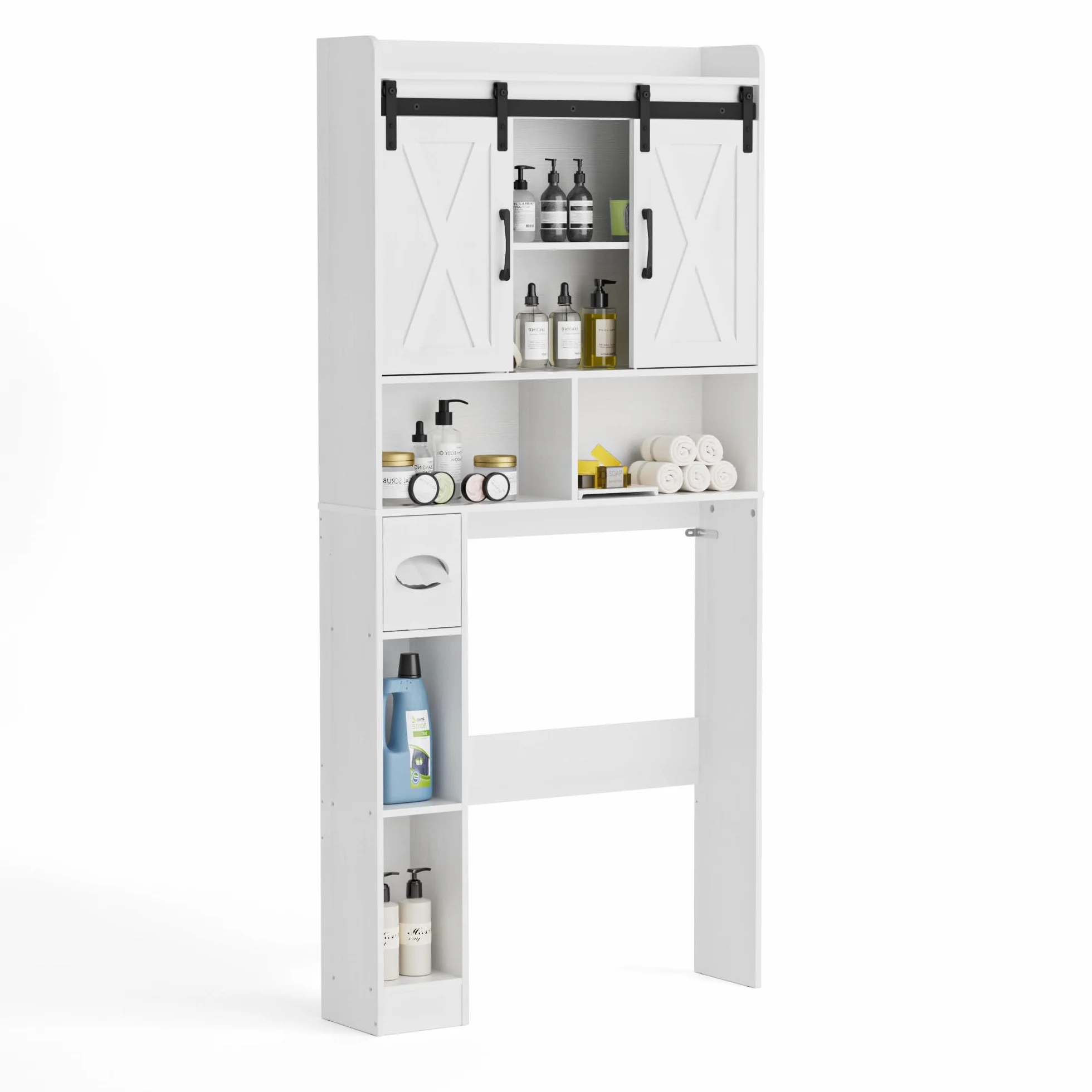 BonVache Mueble Lavadora Puerta Corredera Estantes Ajustables 5 Nichos Abiertos Compartimento Toallas Papel Baño Lavandería Blanco