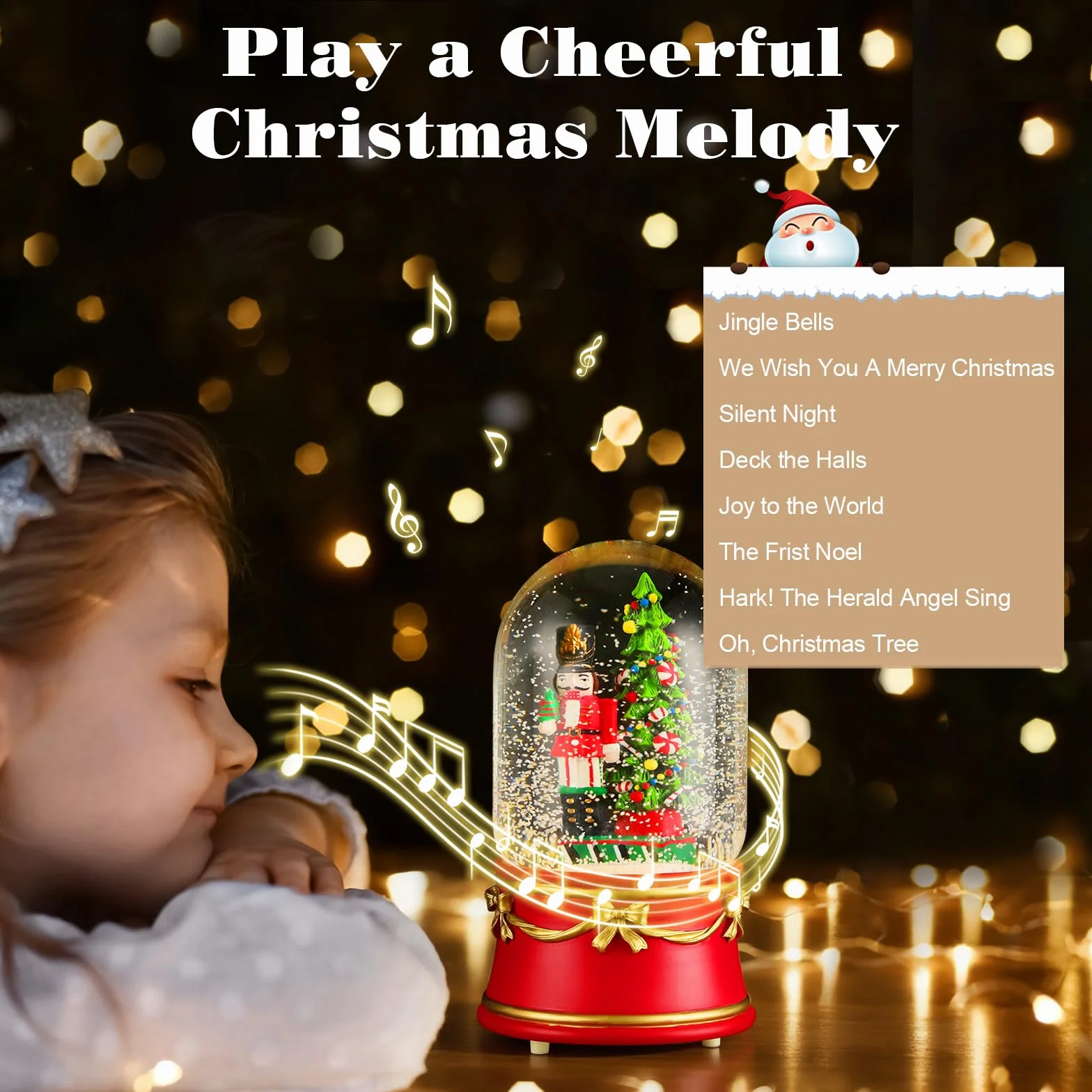 Lewondr Globo de Nieve Navideño, Globo de Cristal con 8 Canciones Navideñas, Caja de Música Eléctrica Reno con Cascanueces y árbol de Navidad, Decoración de Navidad para Chimenea de Dormitorio