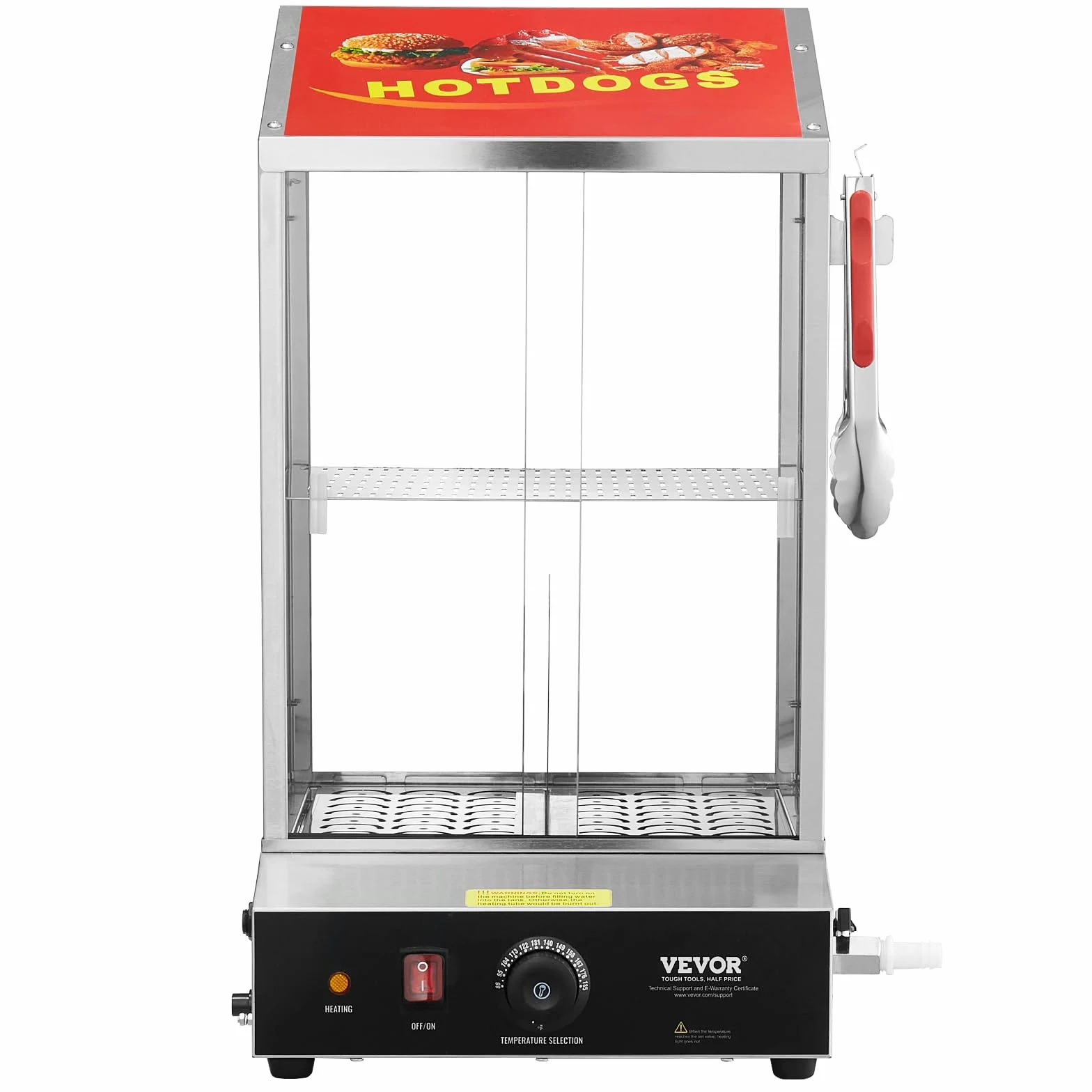 VEVOR Vaporera para Perritos Calientes, 37 L, 2 Niveles, Control de Temperatura de 30 ℃ a 85 ℃, con Puertas Corredizas de Vidrio Templado, Pinzas Placa Divisoria, Acero Inoxidable, 345 x 380 x 640 mm