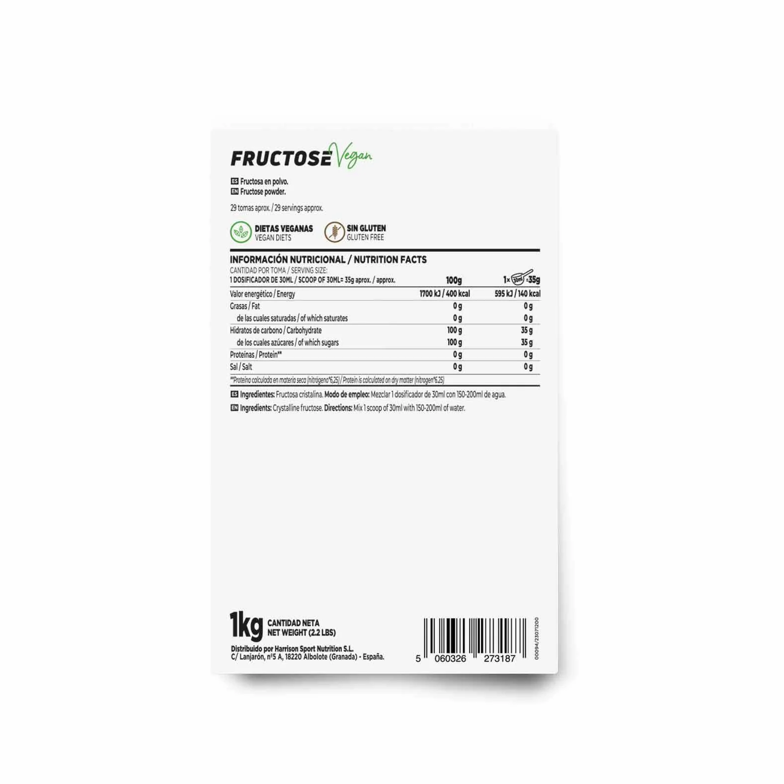 HSN Fructosa en Polvo 1 Kg 100% Cristalina Pura Carbohidrato para Bebidas Deportivas Vegano No GMO Sin Gluten