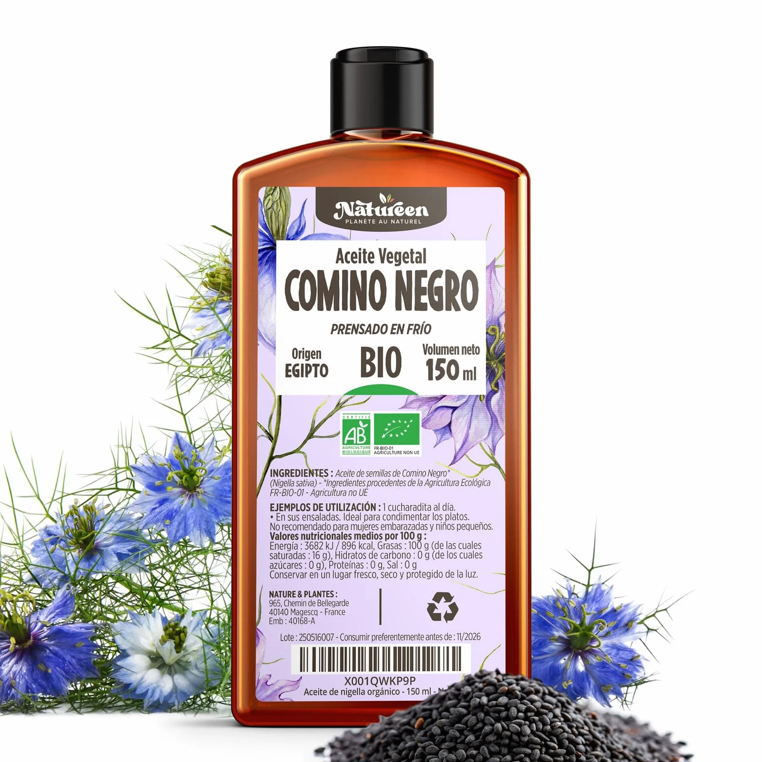 Aceite de Comino Negro Orgánico 150 ml - Nigella sativa - Prensado en Frío