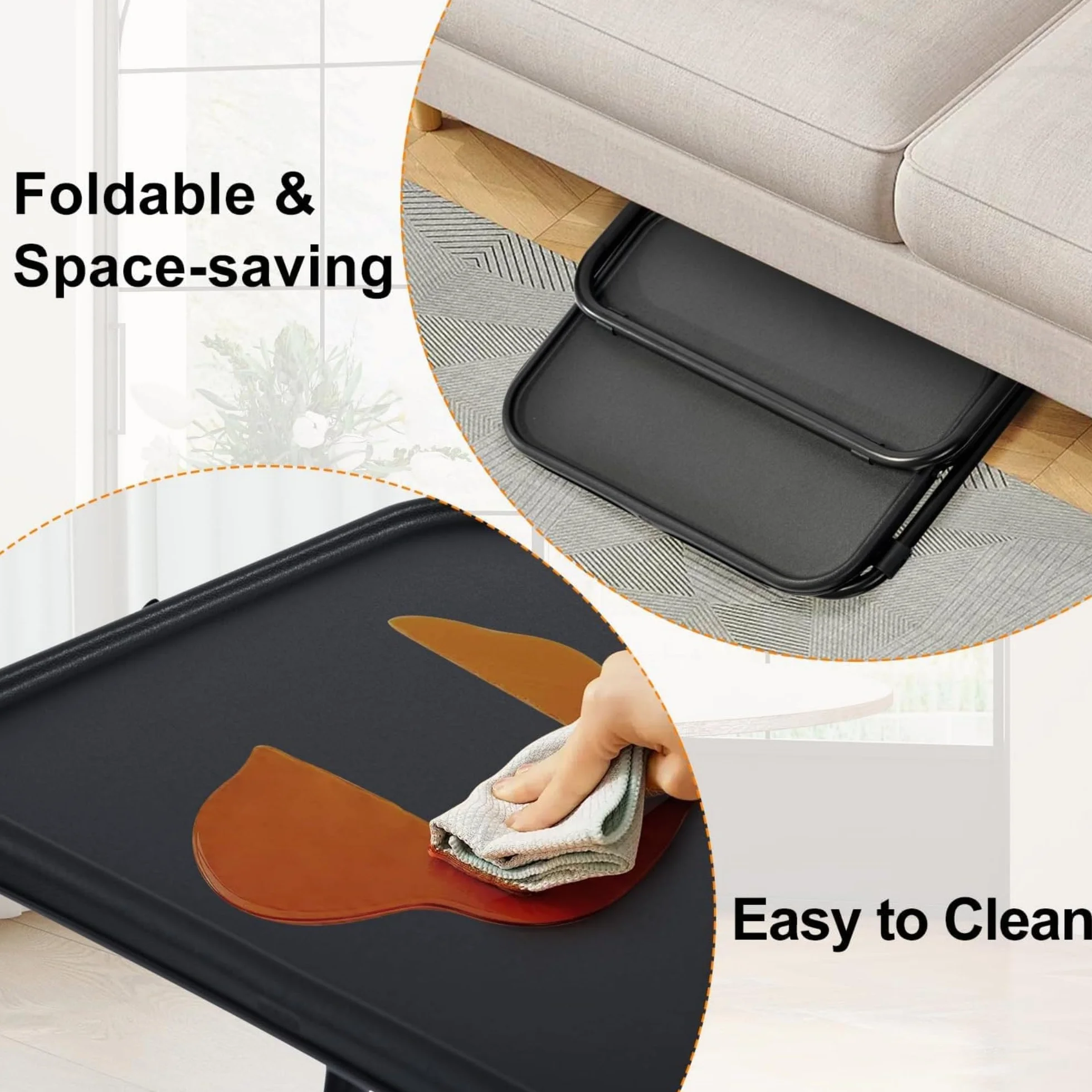 Mesa de TV Ajustable con 4 Alturas y 3 Ángulos de Inclinación, Bandejas de Cena, Portavasos, Negro
