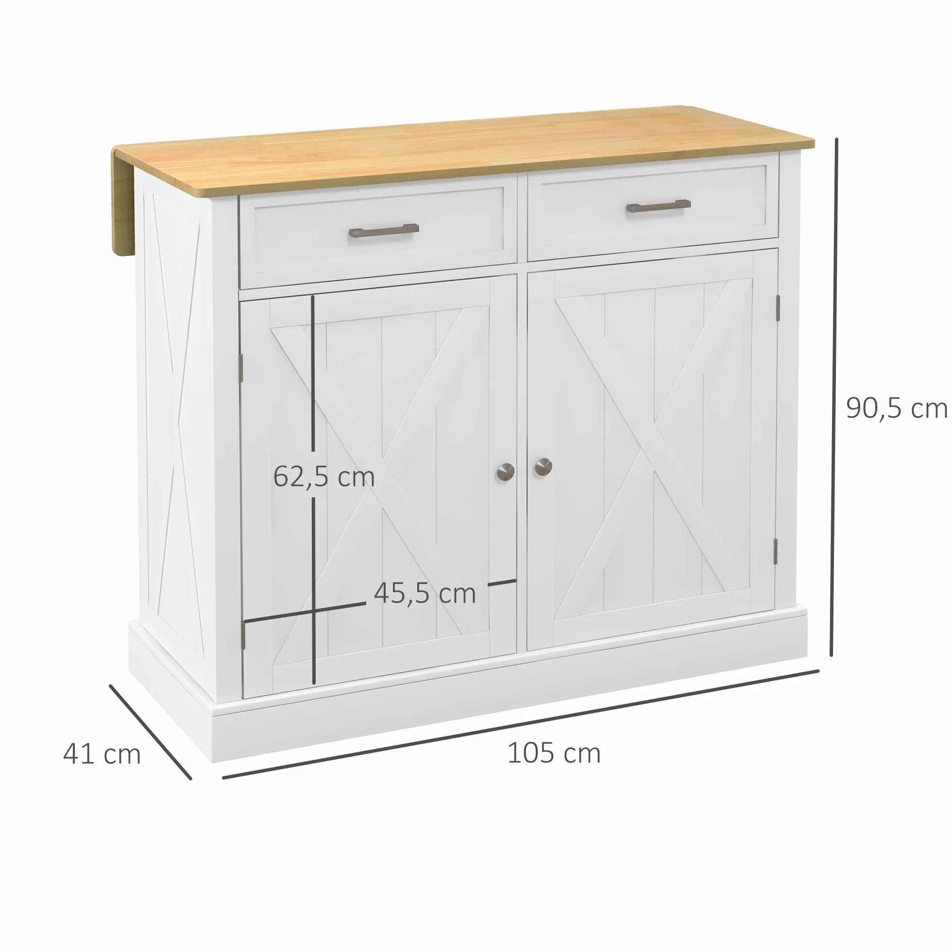 HOMCOM Isla de Cocina Carro de Cocina con Encimera de Madera Plegable 2 Puertas 2 Cajones Estante Ajustable y 4 Ruedas 105x60x90,5 cm Blanco