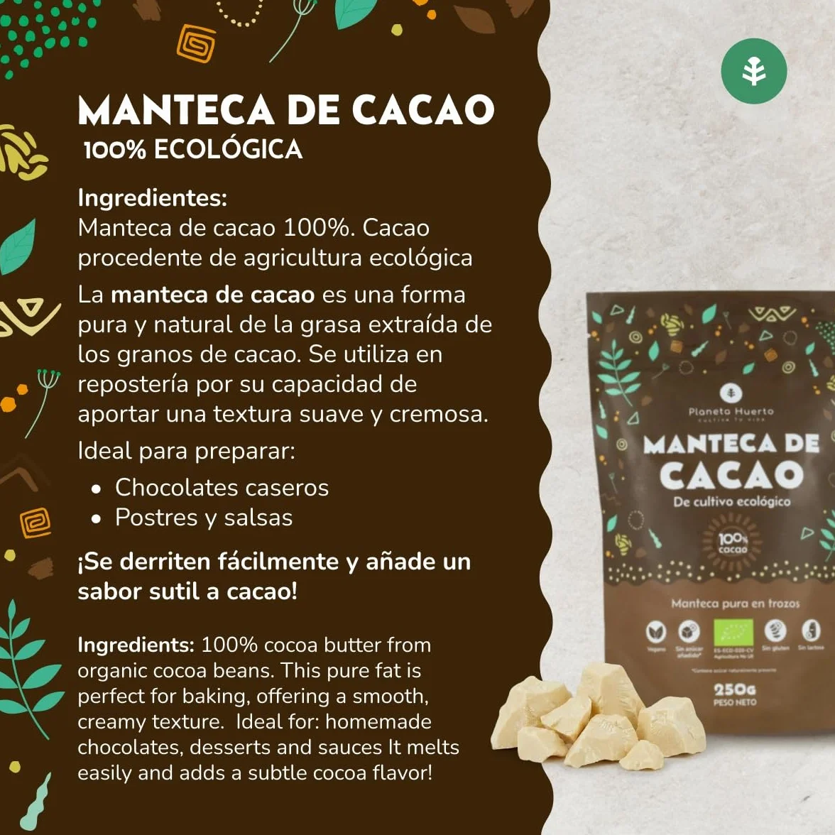Manteca de Cacao en Obleas ECO 250 g – Manteca de Cacao 100% Natural, Pura y Ecológica
