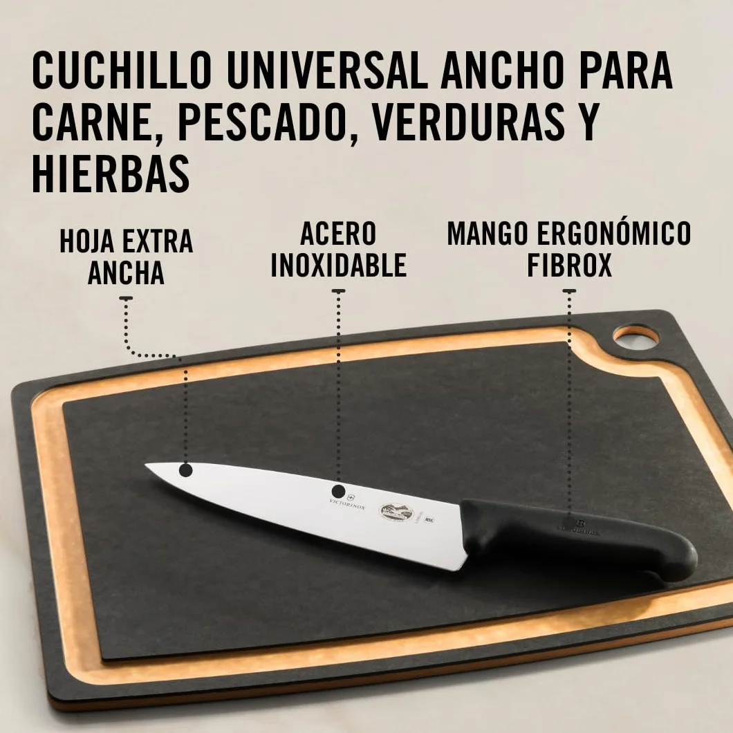 Victorinox Fibrox Cuchillo de cocina, cuchillo universal ancho para carne, pescado, verdura y hierbas, 20 cm, hoja recta, afilado, acero inoxidable, negro