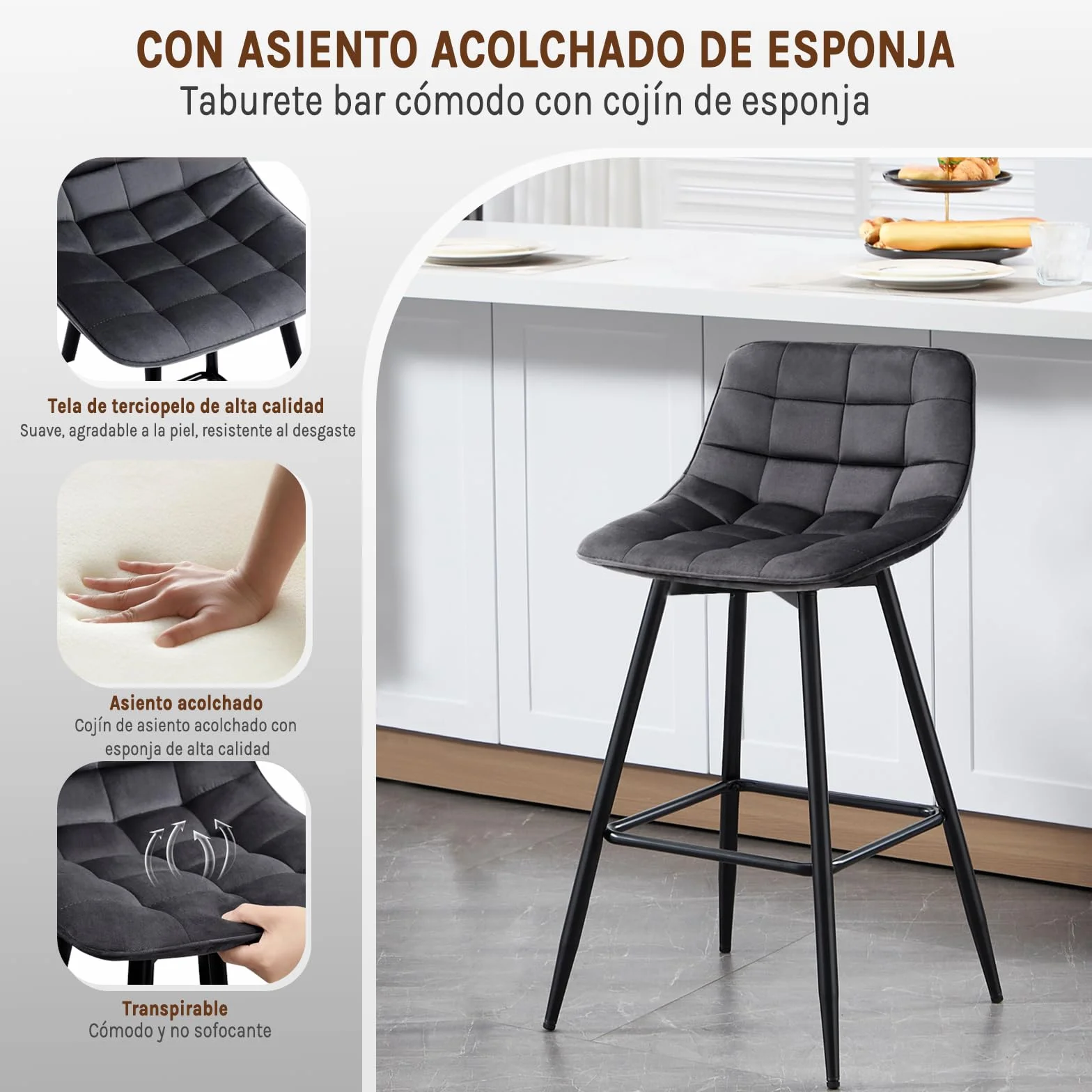 WOLTU Taburete de Bar Juego de 2 con Respaldo de Marco de Metal Asiento, Terciopelo, Gris Oscuro