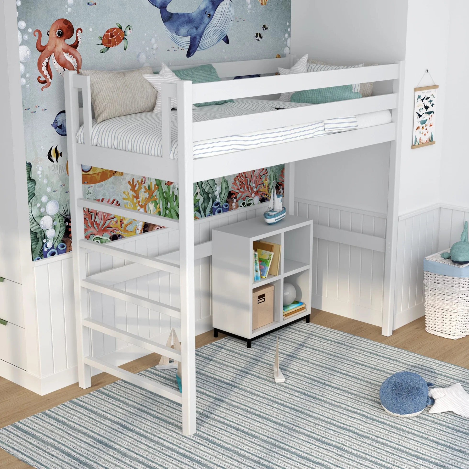 N01 Cama Loft 90x200 cm, 100% Madera Maciza, Cama Alta para niños y Adultos, Escalera Universal: Derecha o Izquierda, Somier Incluido, Sin Tornillos salientes, Hecho a Mano, Blanco