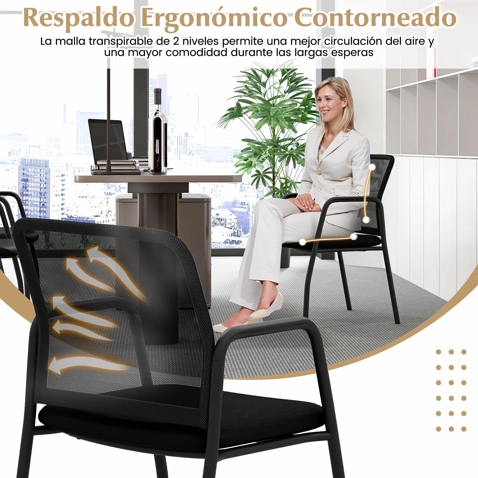 COSTWAY 2 Sillas Sala de Espera, Brazos y Asiento Acolchado, Malla, Respaldo Ergonómico, Carga 150kg, Negro