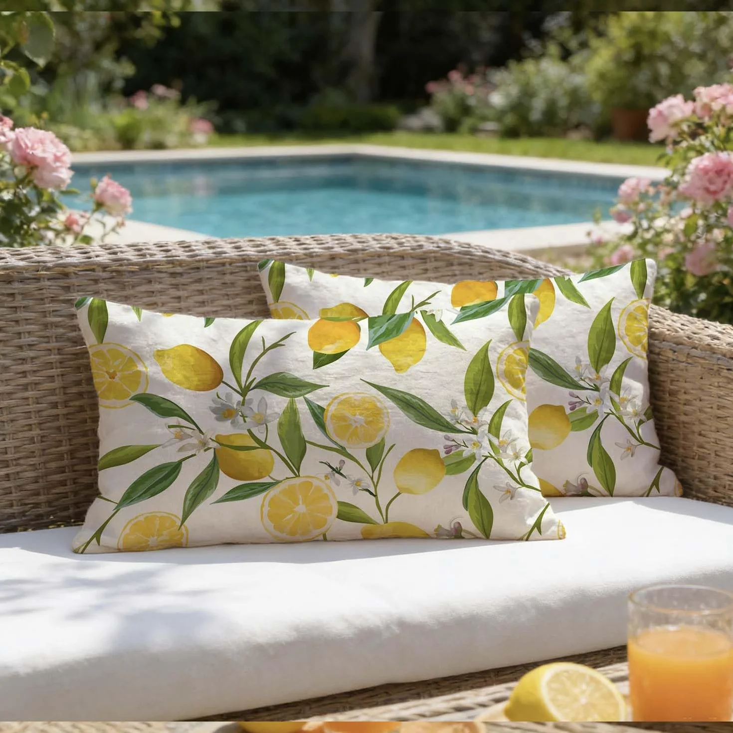 Fundas Cojines Exterior Jardin 30x50 cm Impermeable Limón y Hoja Verde Decorativo Modernas Cuadrado Verano Fundas de Almohada para Patio Balcón Estar Dormitorio Sofá, Juego de 2