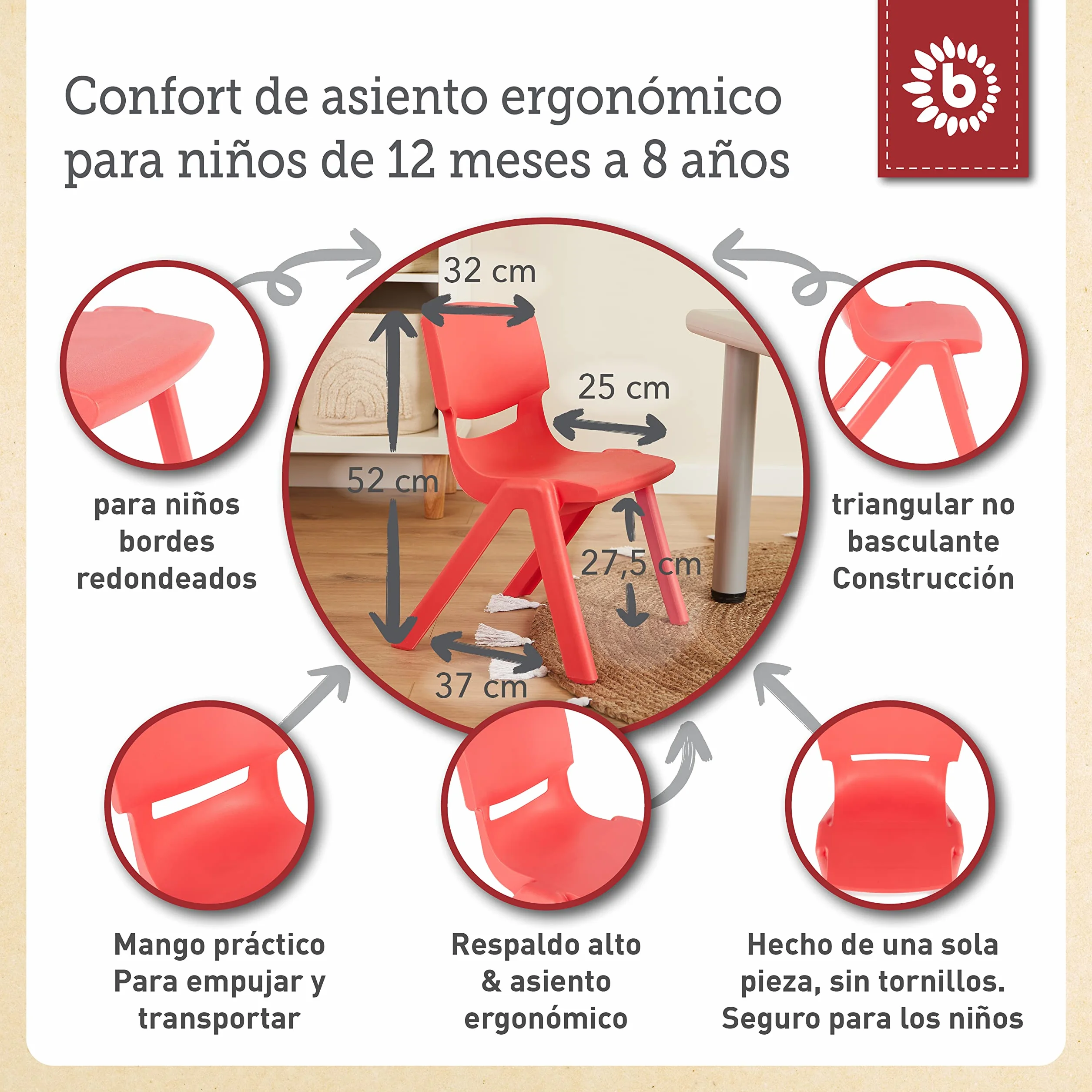 Bieco Silla para niños hasta 80 kg cargable | apilable y antivuelco | para Interior y Exterior | Silla niños Infantil Silla Escritorio Juvenil sillas de plastico Silla niño Silla plastico Infantil