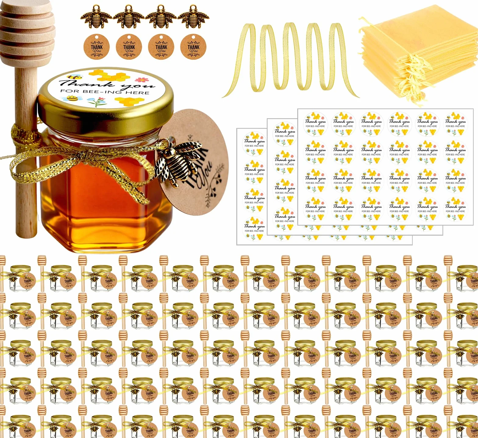 Ahhute Botes Para Miel, Botecitos Para La Miel Pegatinas, Bolsitas, Cinta dorada, Tarros Cristal Detalles Comunion, Bautizo, Boda, Regalito Para los Invitados, 60 Piezas Tarros 45ml