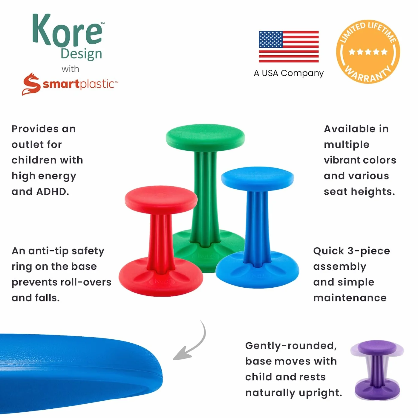 Kore Kids - Silla oscilante para niños, taburete flexible para aula, escuela primaria, TDA/TDAH, fabricado en los Estados Unidos, para niños de 8 a 9 años, grado 3 a 4, color verde azulado (16