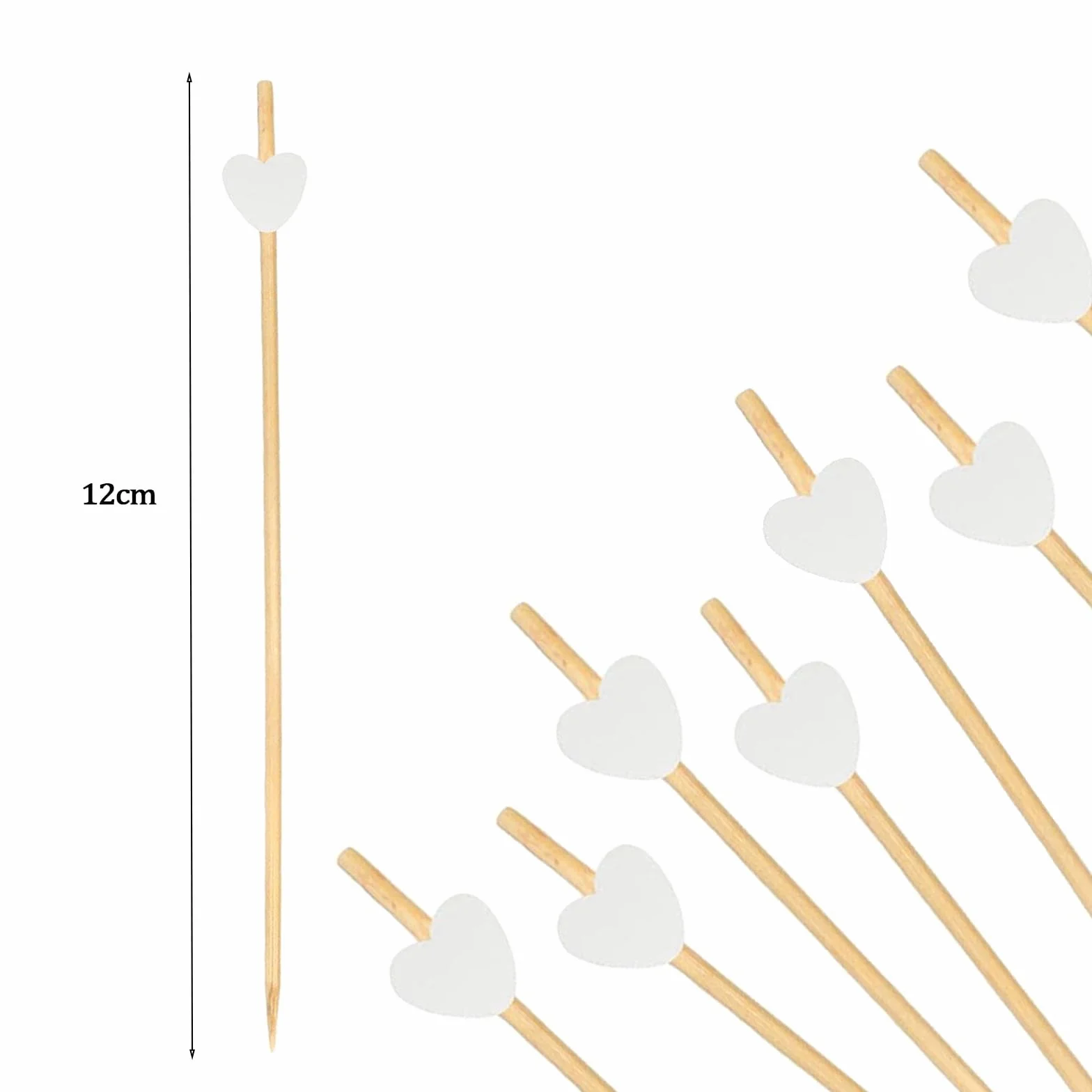 Catelves 100 palillos de madera para cócteles, con corazones blancos, palillos de madera de 12 cm, brochetas de frutas, brochetas de fiesta, hamburguesas, accesorios de cóctel, decoración para